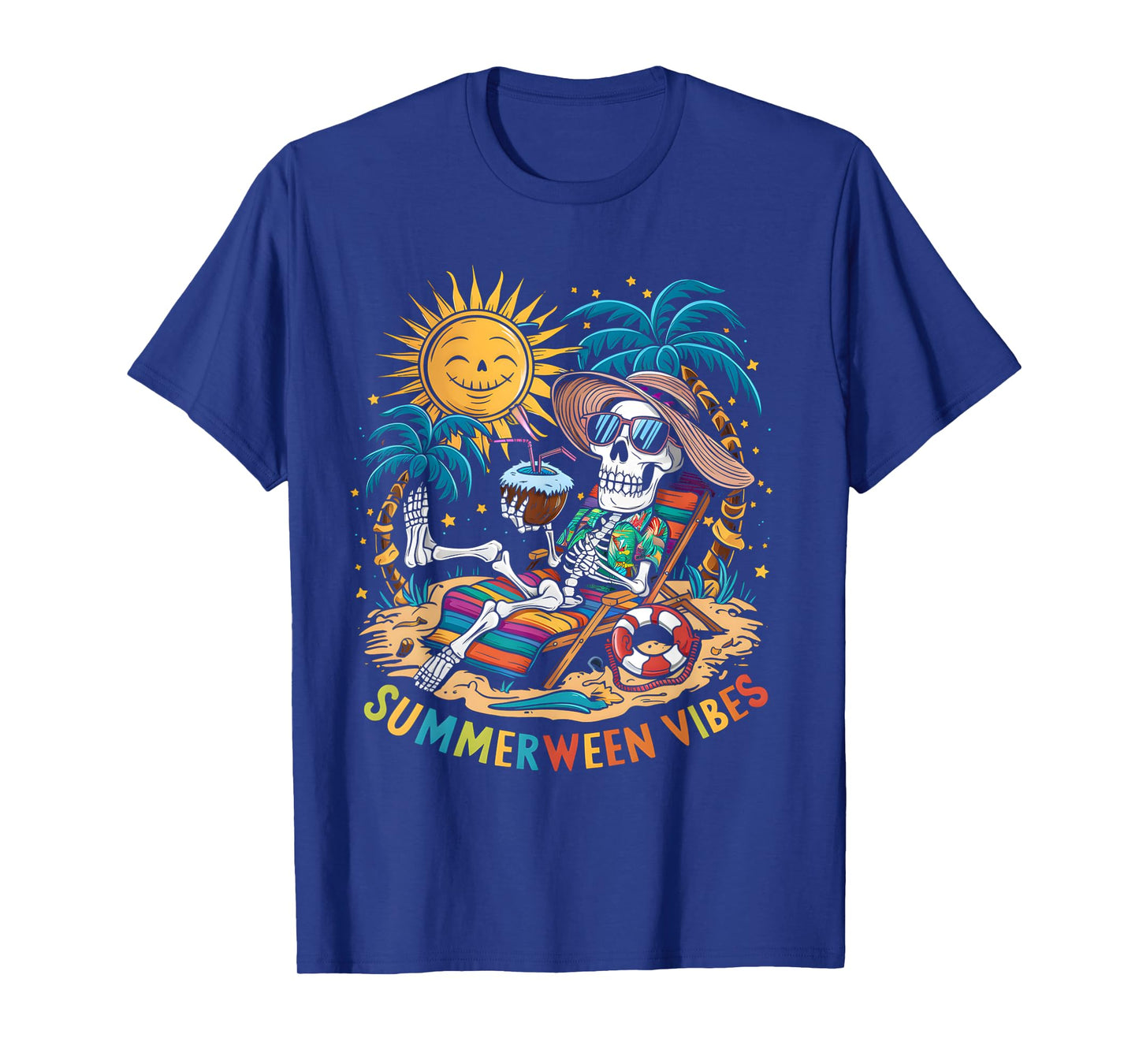 Funny Summerween Vibes Skeleton Summer Vacation Beach Men Women T-Shirt