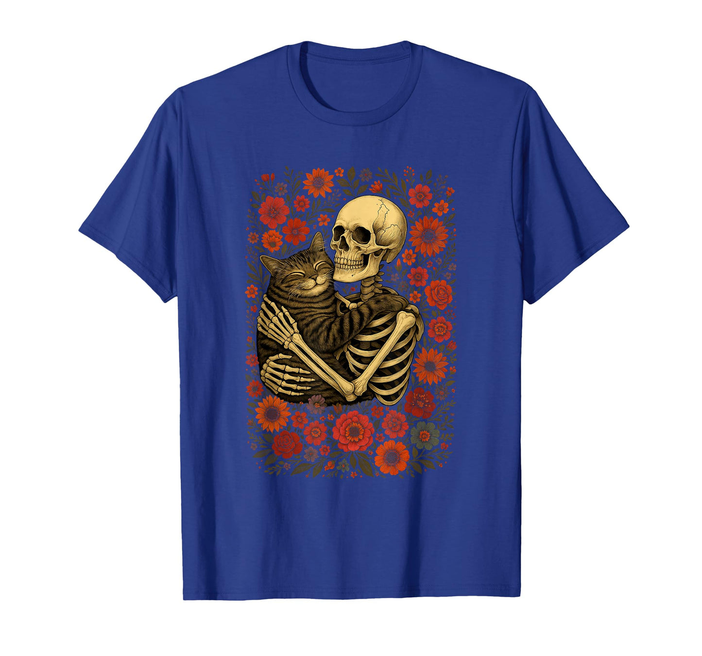 Funny Skeleton Hugging Cat Floral Halloween Cats Lover Women T-Shirt