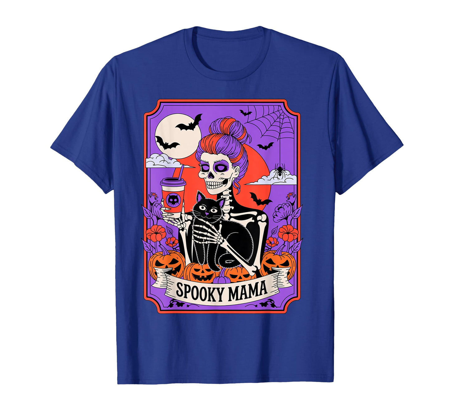 Spooky Mom Skeleton Black Cat Coffee Halloween Pumpkin T-Shirt