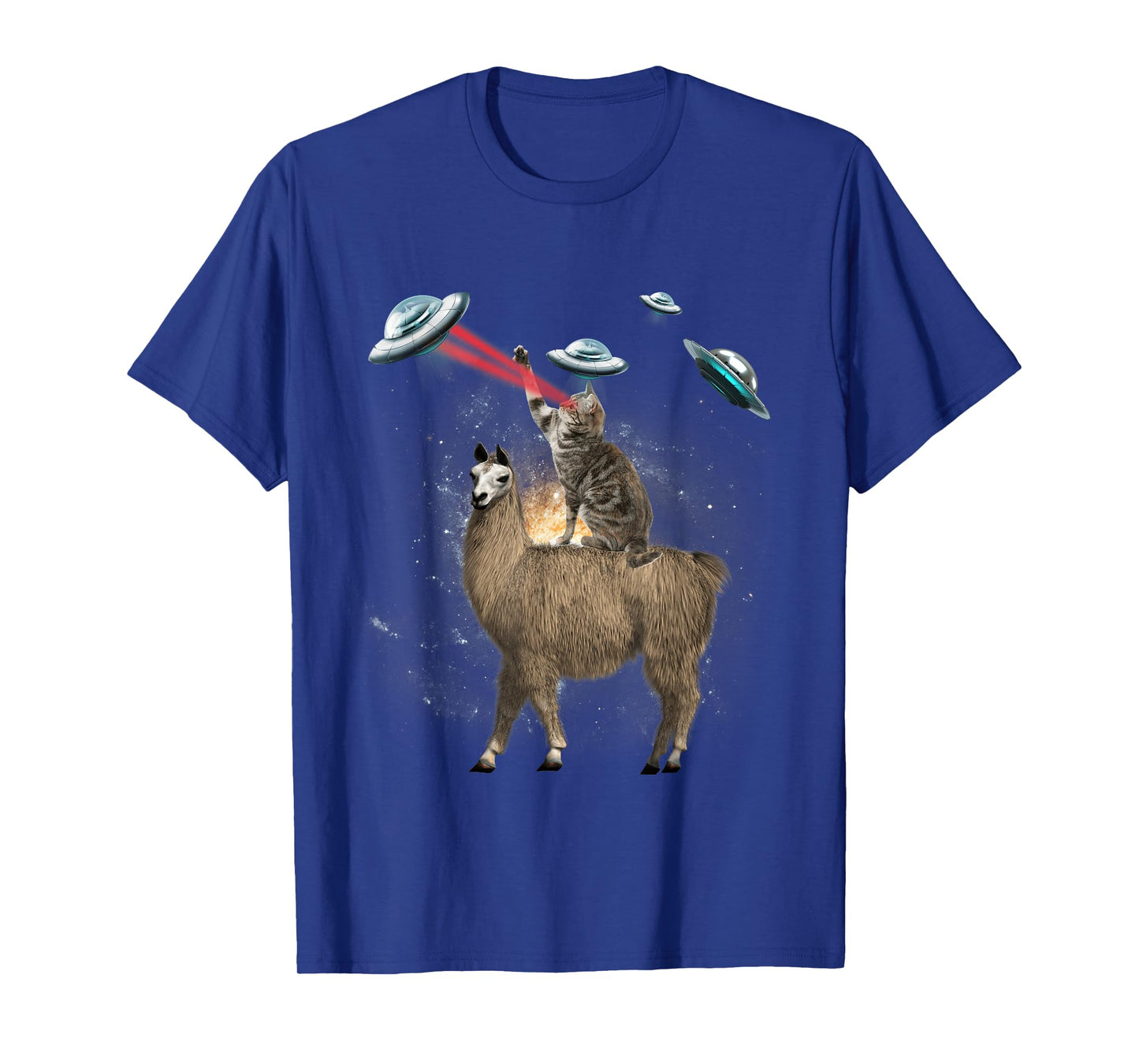 Space Cat Riding Llama Laser Eyes UFO Funny Cat Lover Men Women Kids T-Shirt