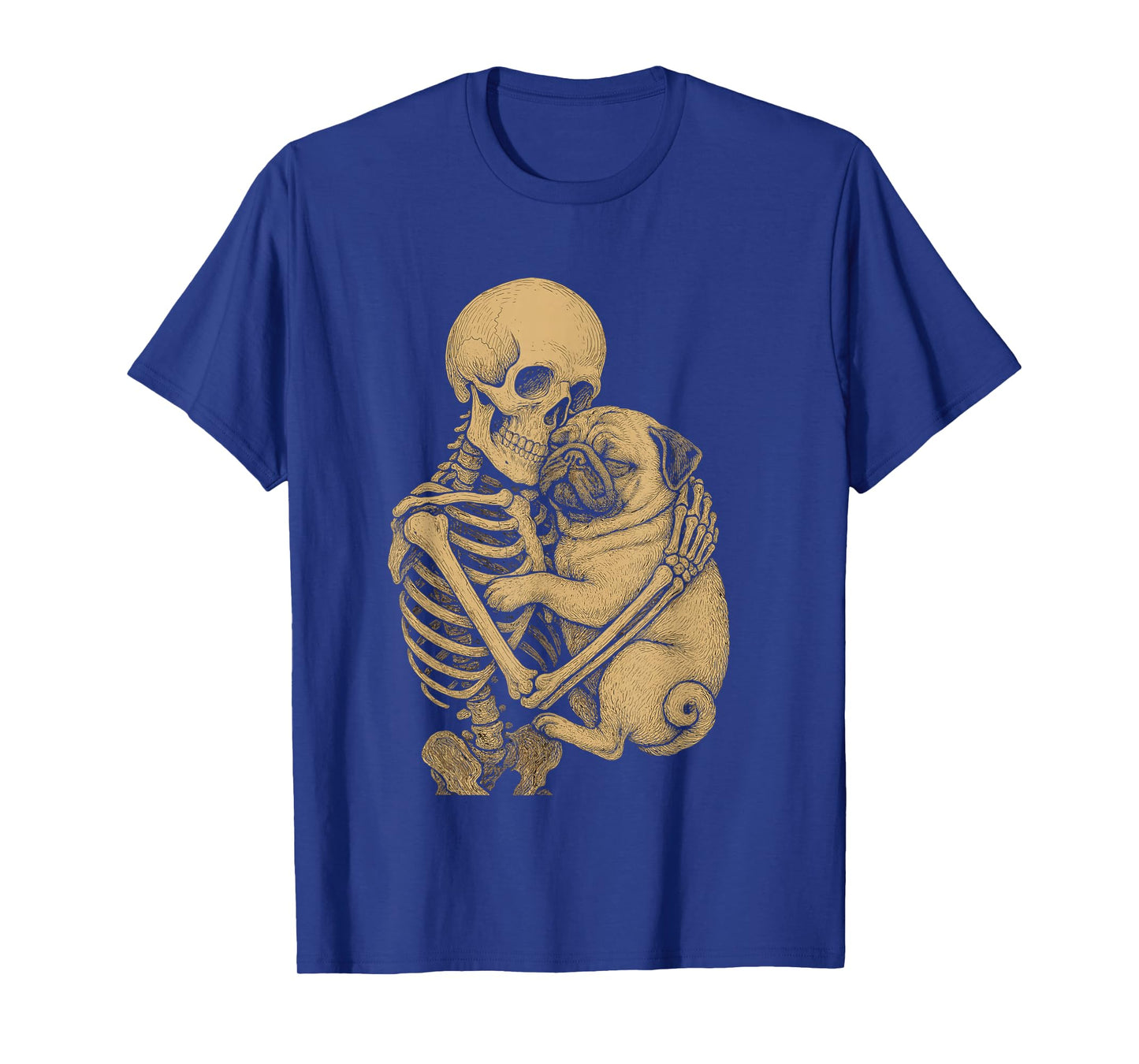 Skeleton Holding Dog Pug Illustration Gothic Halloween Art T-Shirt