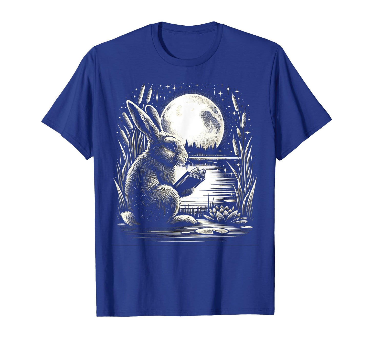 Rabbit Reading Book - Full Moon Lake Scenery T-Shirt