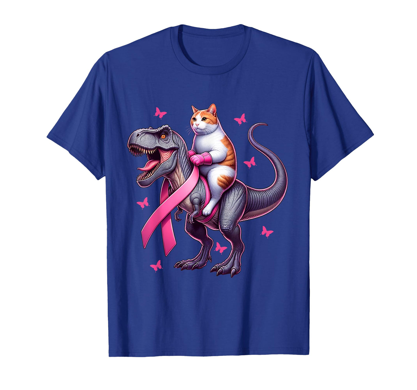 Cat Riding T Rex Dinosaur. Breast Cancer Awareness T-Shirt for Men Women Kids