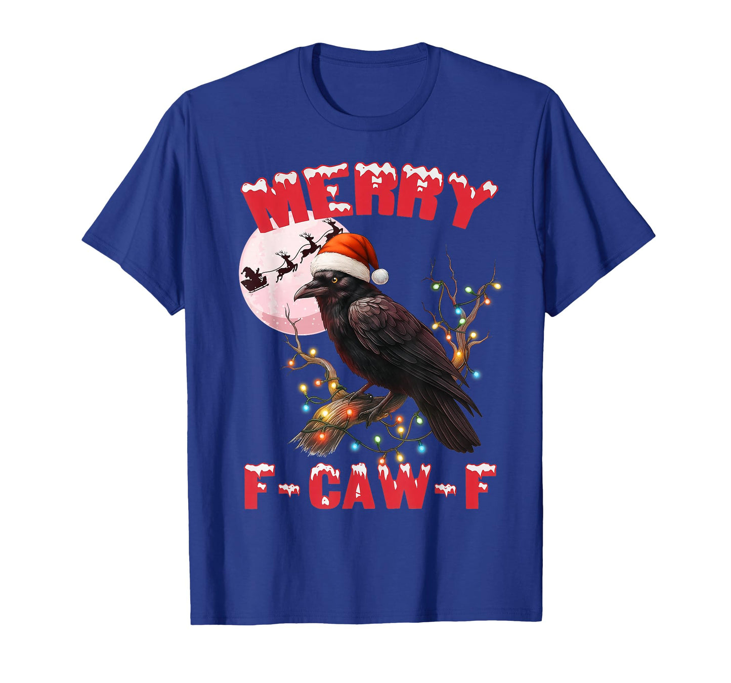 Black Crow Merry F-Caw-F Crow Santa Hat Christmas Lights T-Shirt