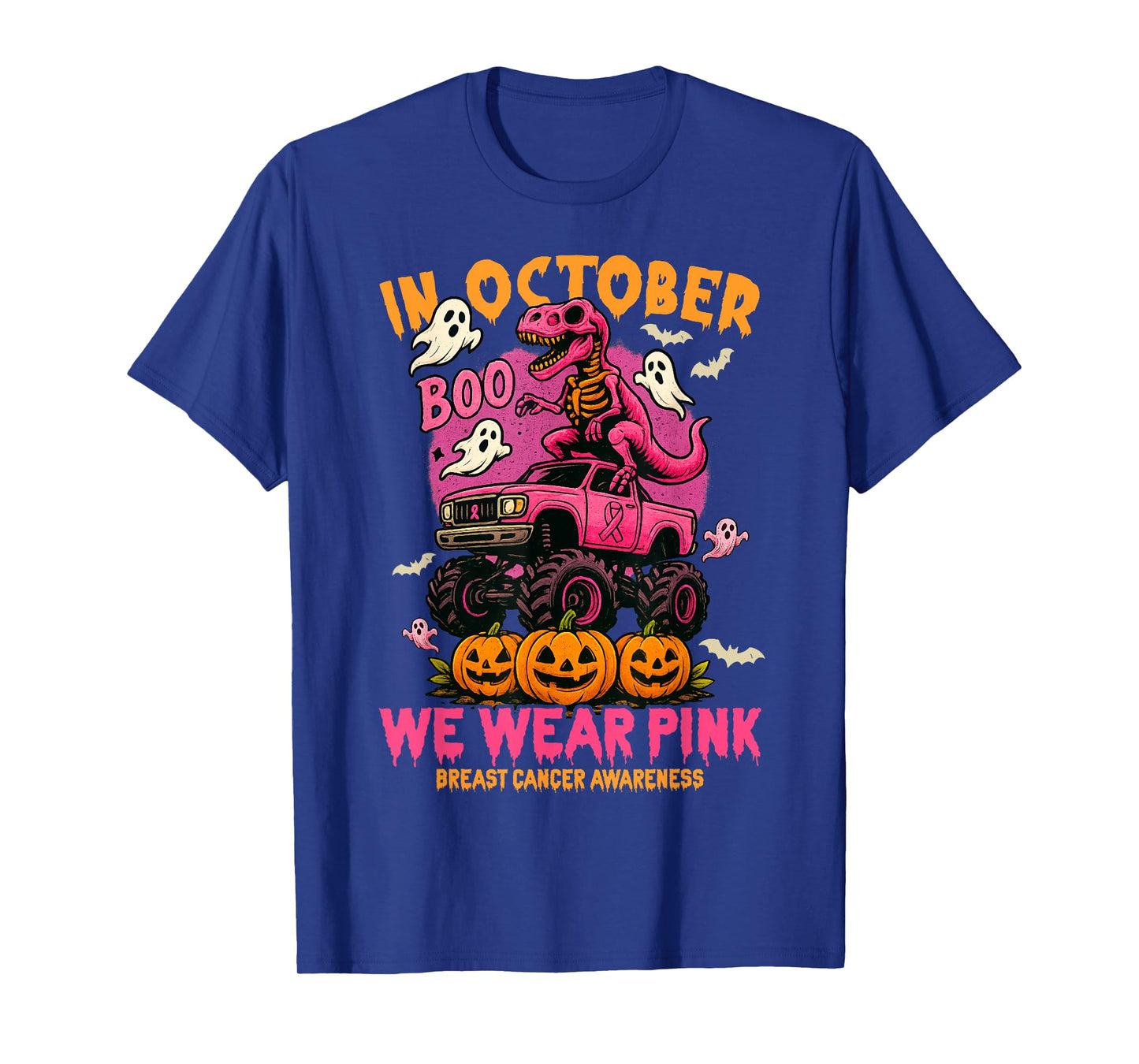 T Rex Dinosaur and Monster Truck We Wear Pink Breast Cancer T-Shirt