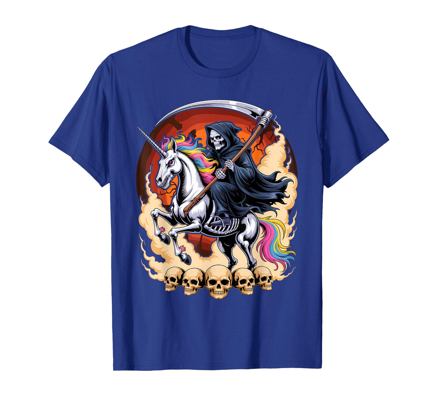 Grim Reaper Riding Unicorn Skeleton Skull Death Halloween T-Shirt