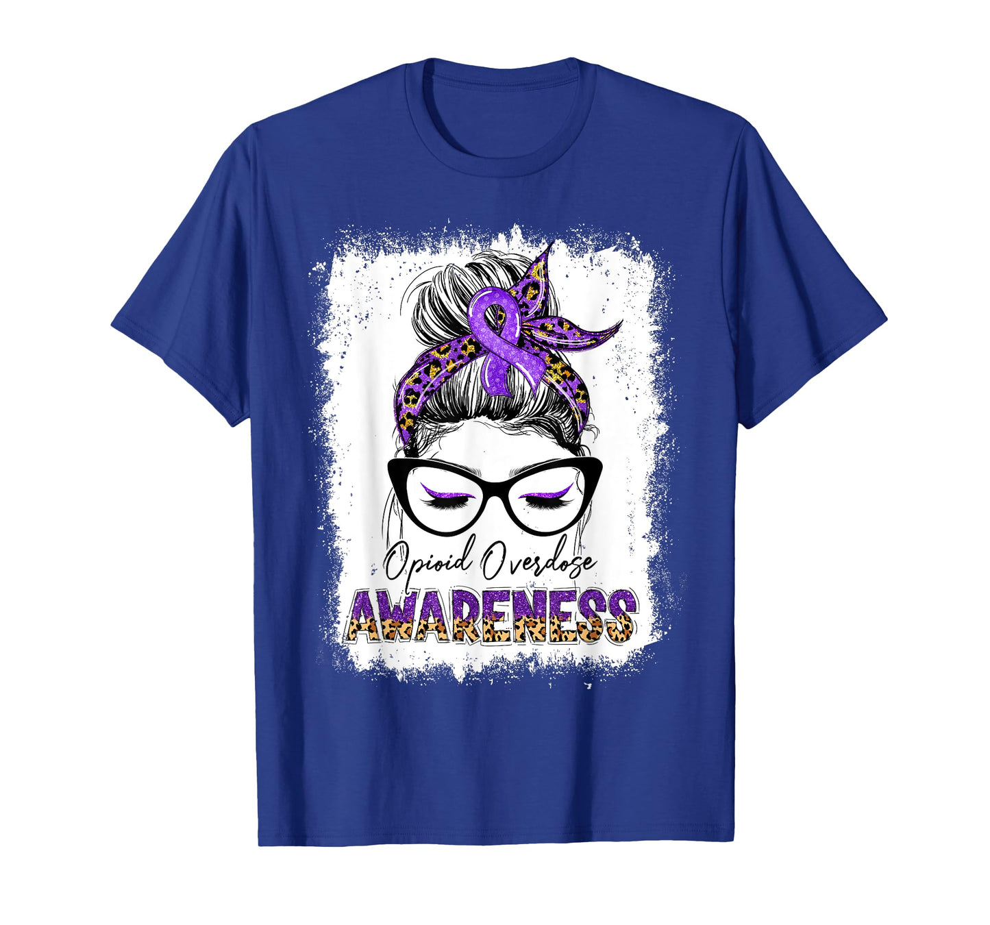 Leopard Messy Bun Opioid Overdose Awareness Purple Ribbon T-Shirt