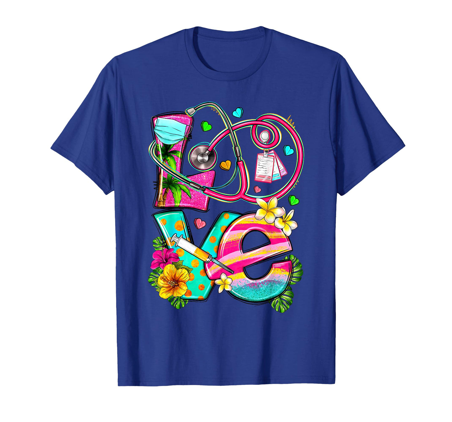 Love Summer Nurse Stethoscope Tropical Flowers Hawaii T-Shirt