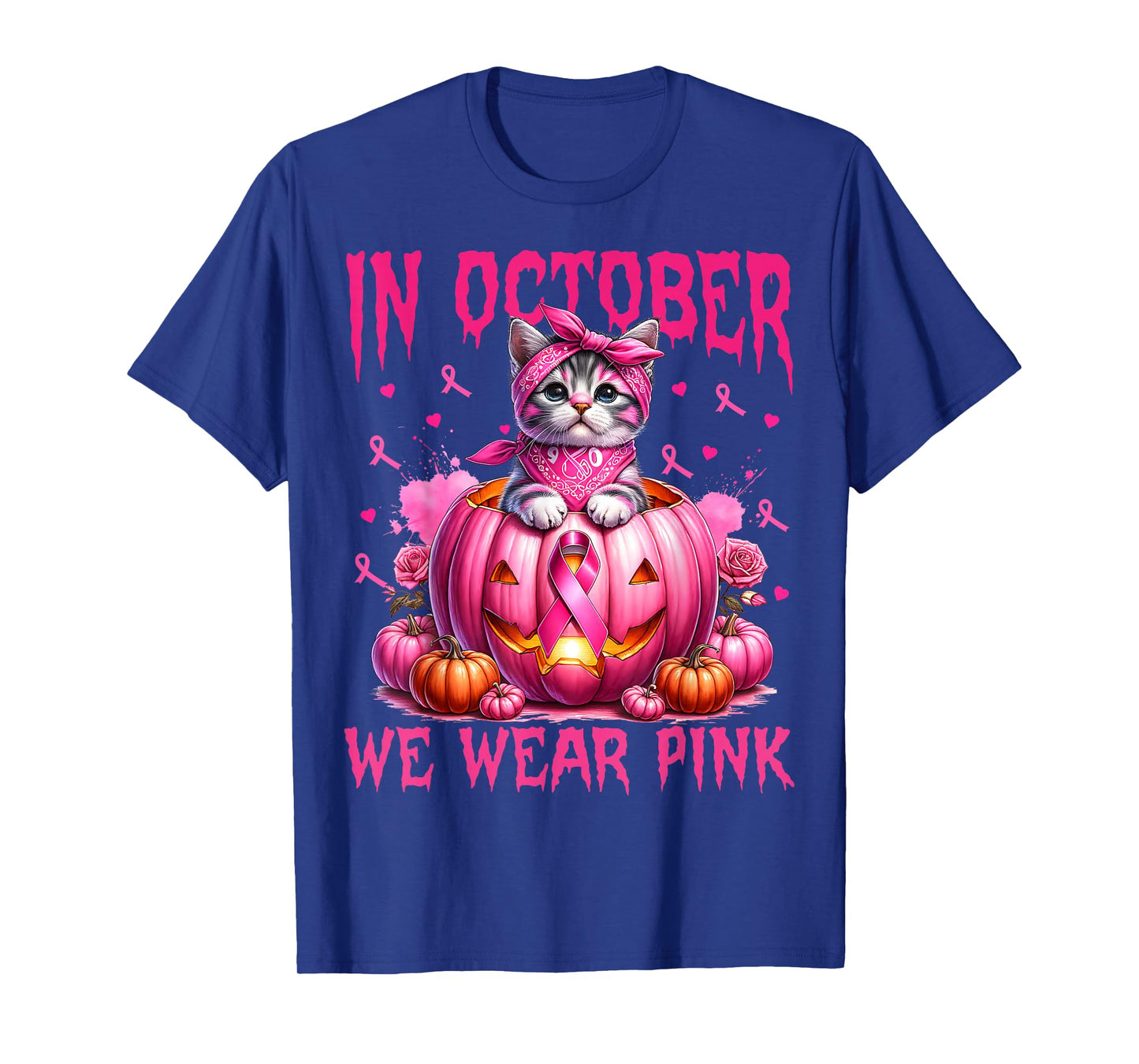 in October We Wear Pink Cat Ribbon Breast Cancer Awareness T-Shirt