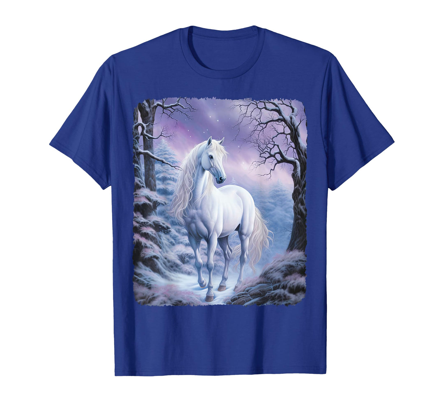 Beautiful white Horse standing in a snowy forest by night T-Shirt