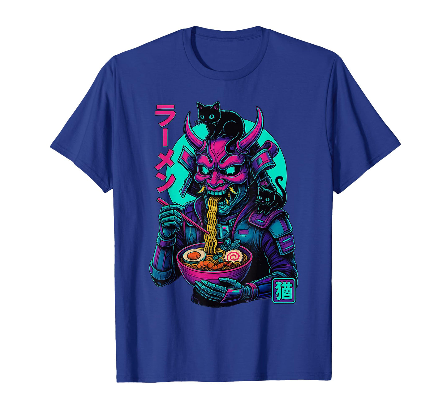 Samurai Oni Skeleton Ramen with Black Cat Japanese Vintage T-Shirt
