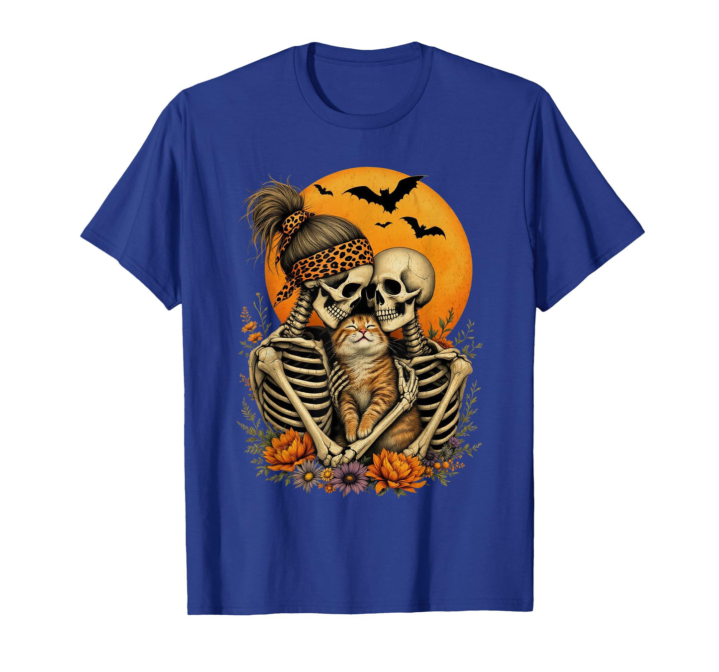 Skeleton Hugging Cat Floral Halloween Cat Lover Mom Costume T-Shirt