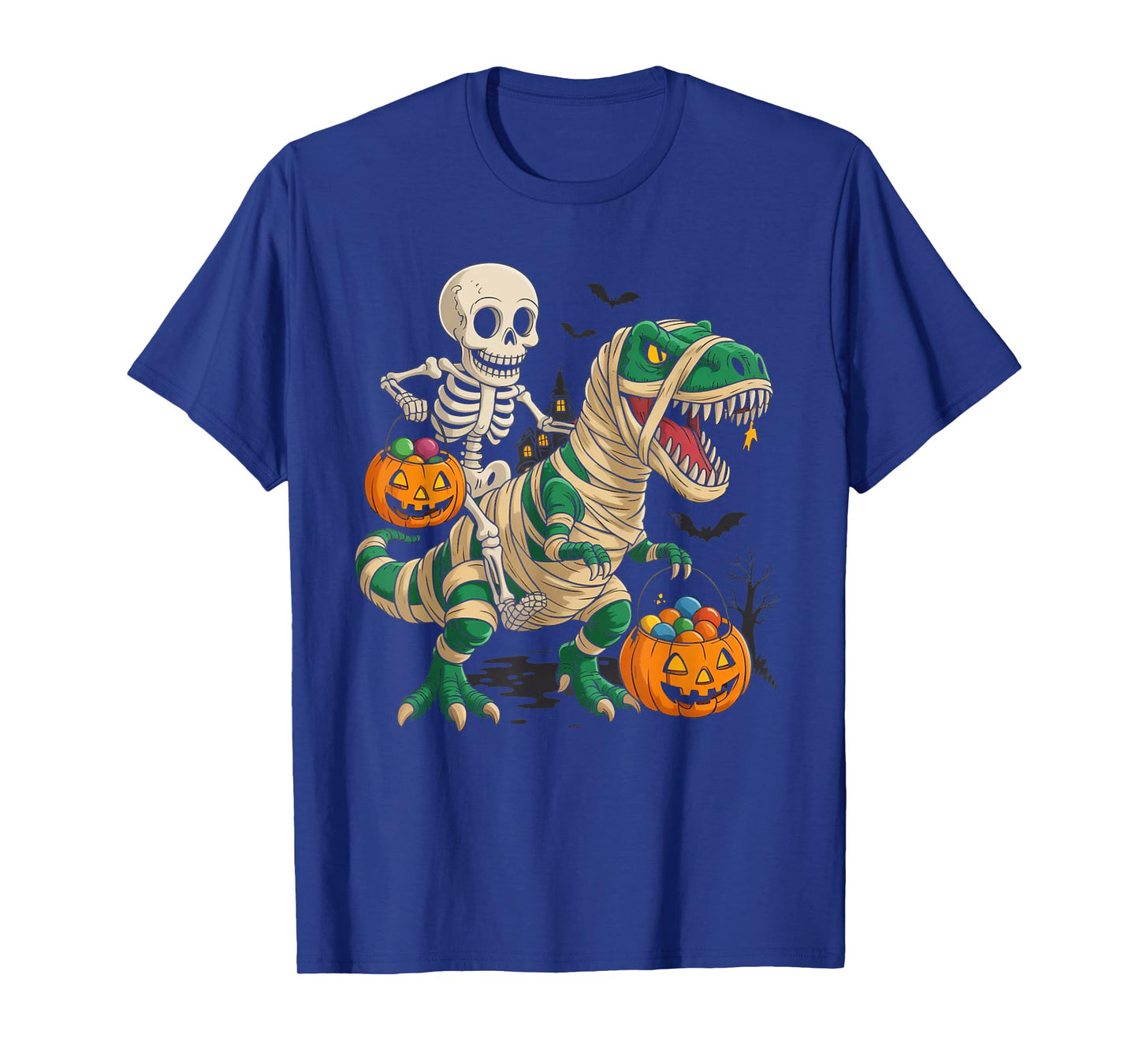 Skeleton Riding Mummy Dinosaur T rex Halloween Pumpkin Gifts T-Shirt