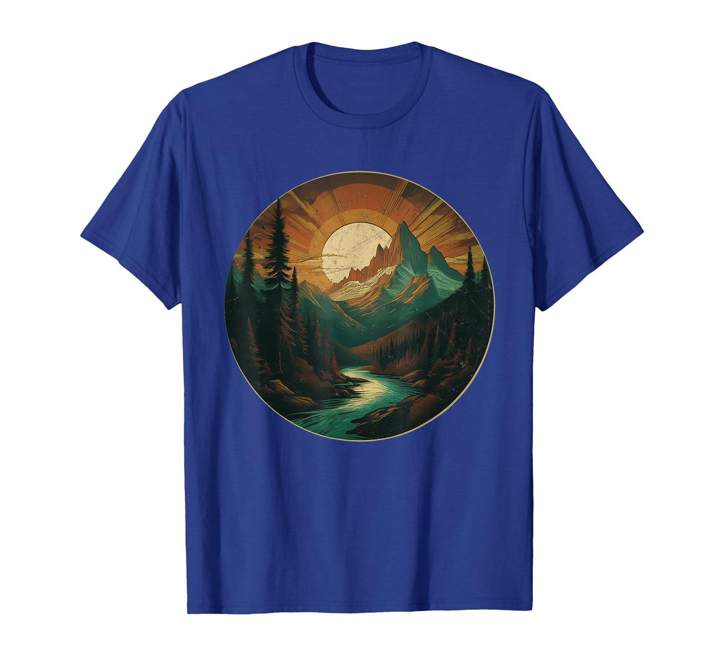 Sunset Over Mountain + Evergreen Forest Vintage Look Graphic T-Shirt