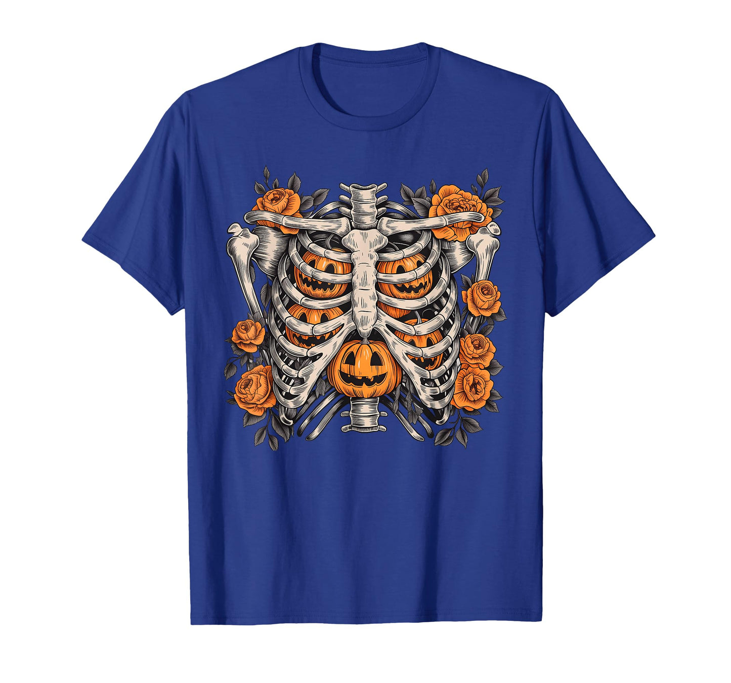 Halloween Retro Floral Ribcage Pumpkins Skeleton Fall T-Shirt