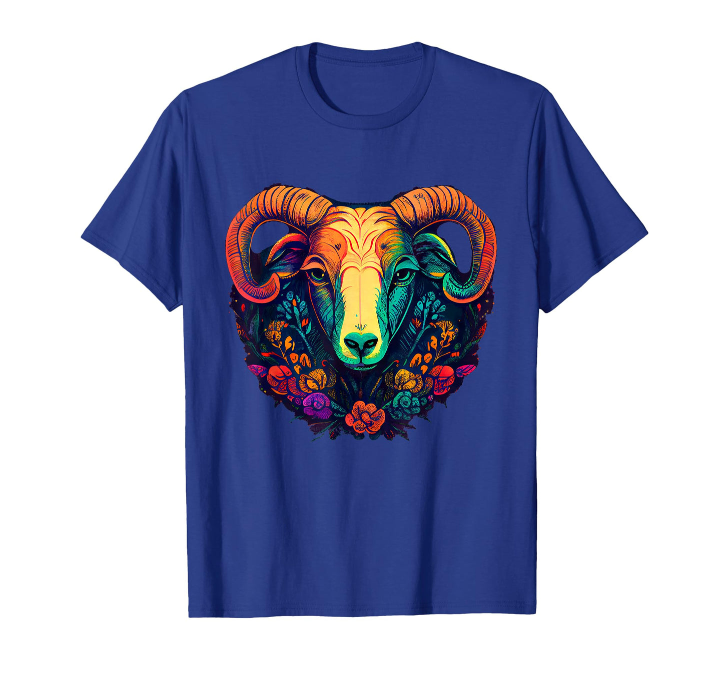 Vivid Ram Head with Floral Patterns T-Shirt