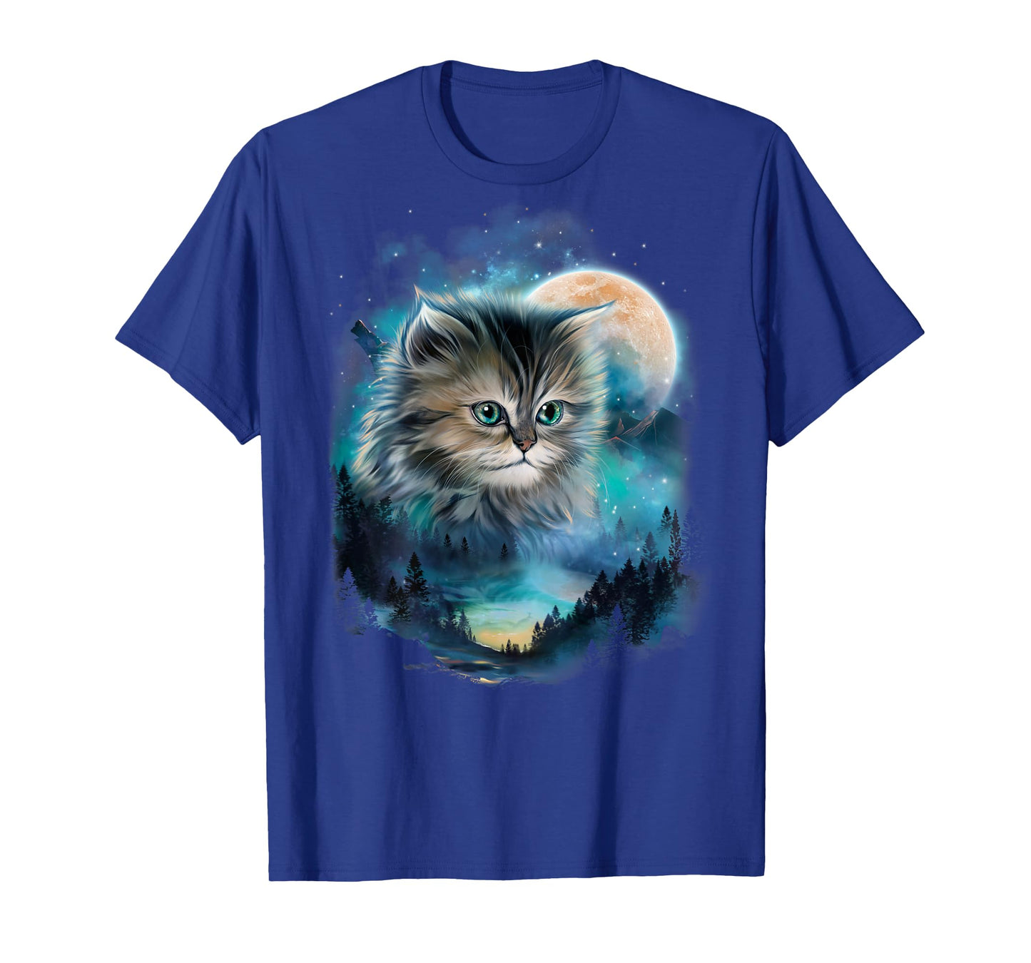 Mystical Cat Under Moonlit Forest Sky Men Women Kids T-Shirt