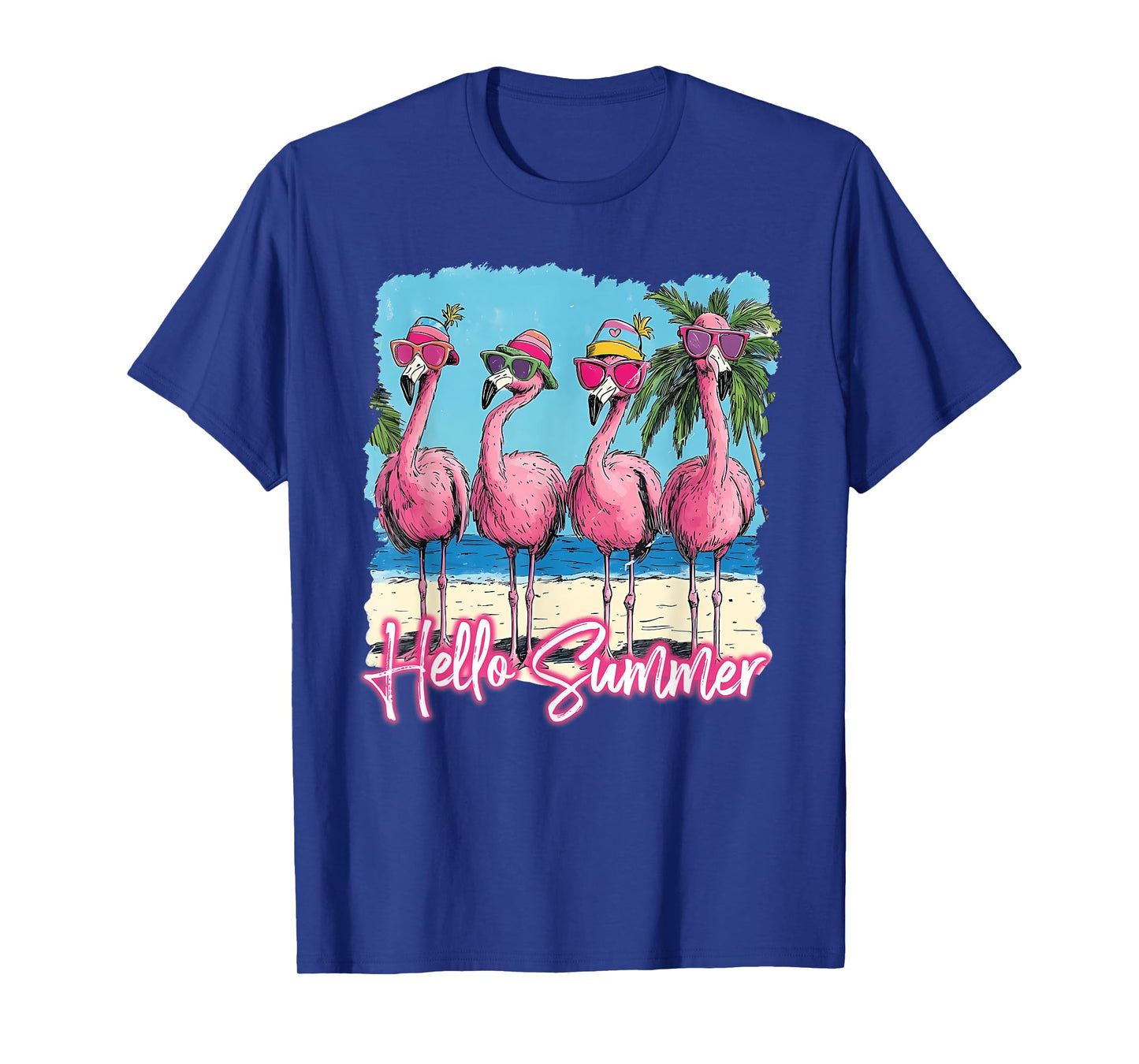Pink Flamingo Hello Summer Vibes Beach Palm Tree T-Shirt