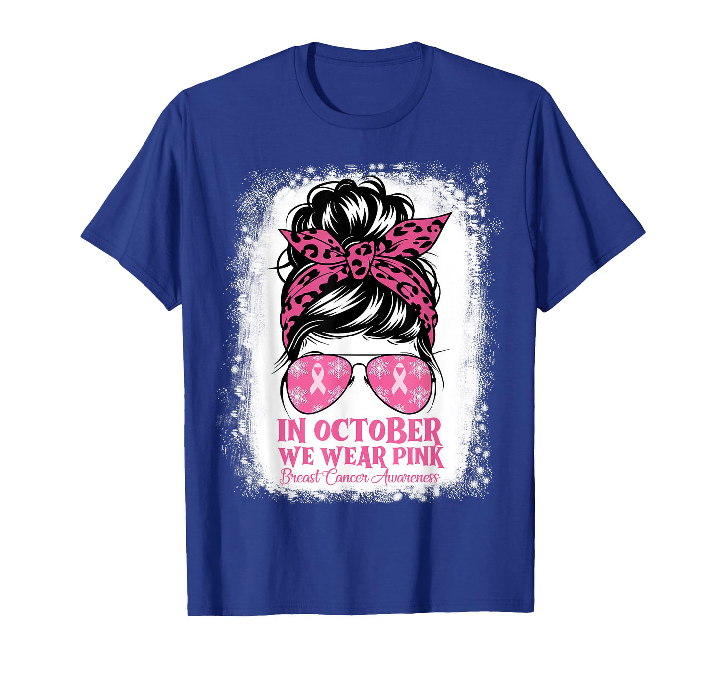 In October We Wear Pink Cheer Bow Breast Cancer Messy Bun T-Shirt