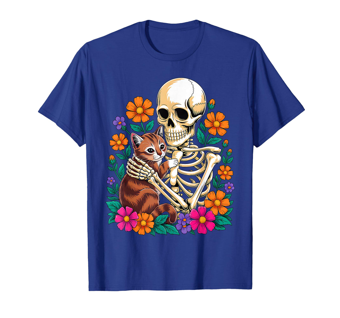 Skeleton Hugging Cat Floral Funny Halloween Cats Lover T-Shirt