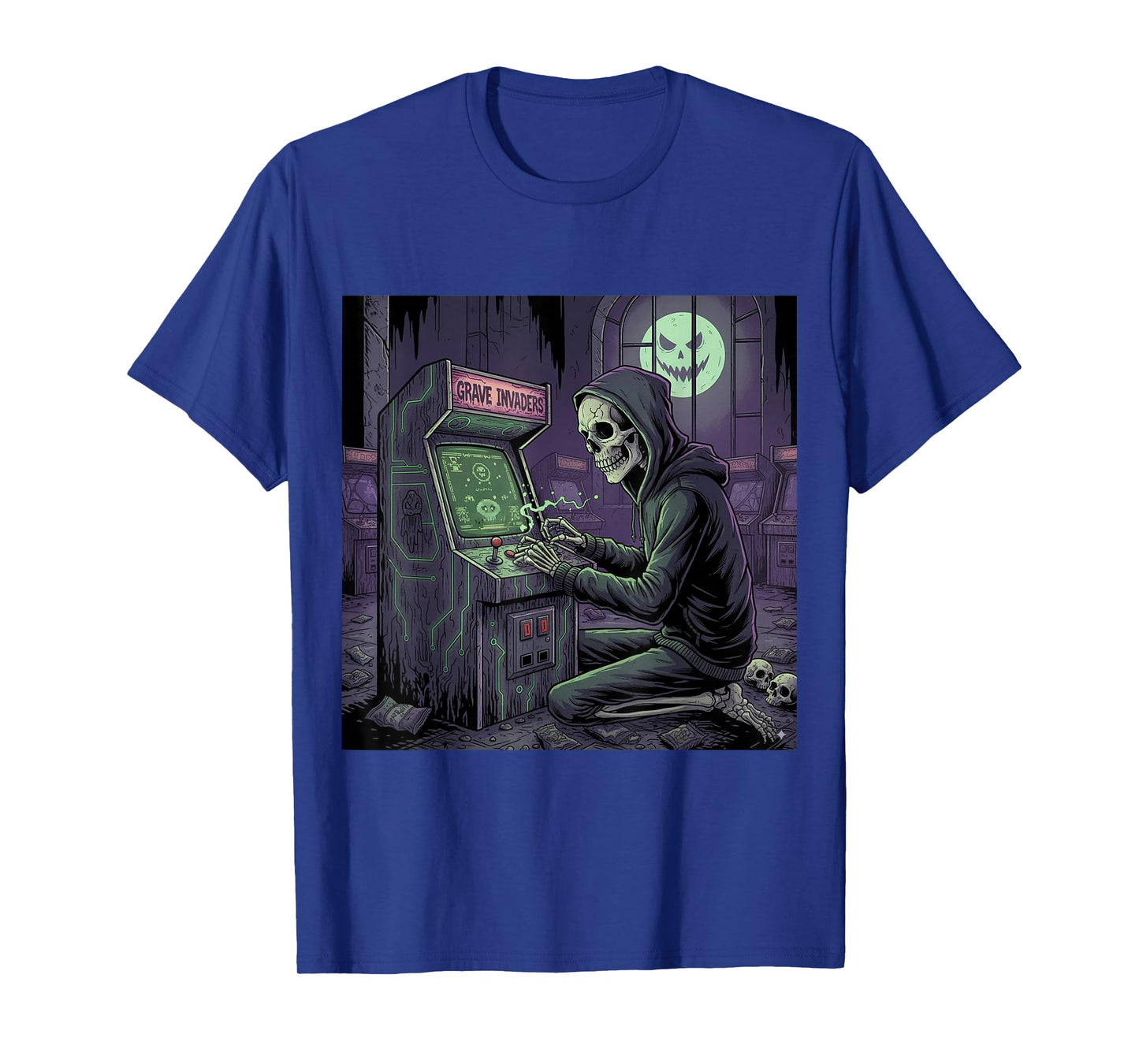 Grave Invaders Funny Halloween Skeleton Skulls Arcade Gamer T-Shirt