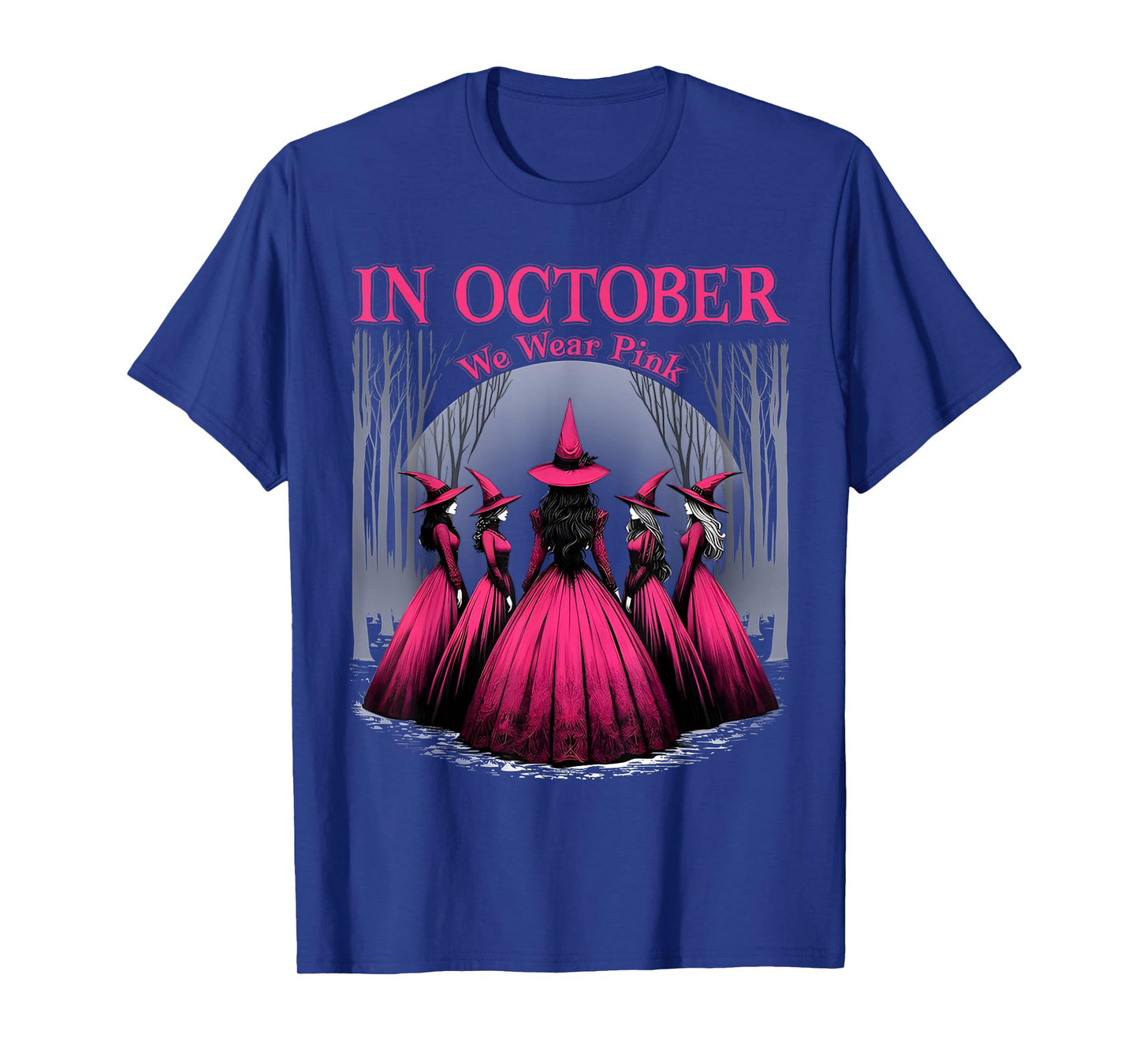 in October We Wear Pink Halloween Witch Witchy Breast Cancer T-Shirt