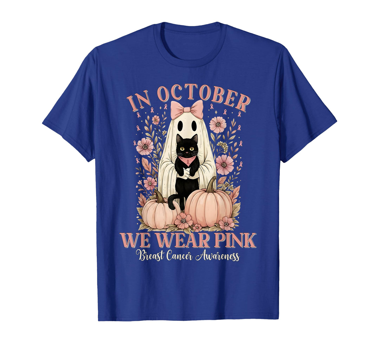in October We Wear Pink Ghost Halloween Cat Breast Cancer T-Shirt
