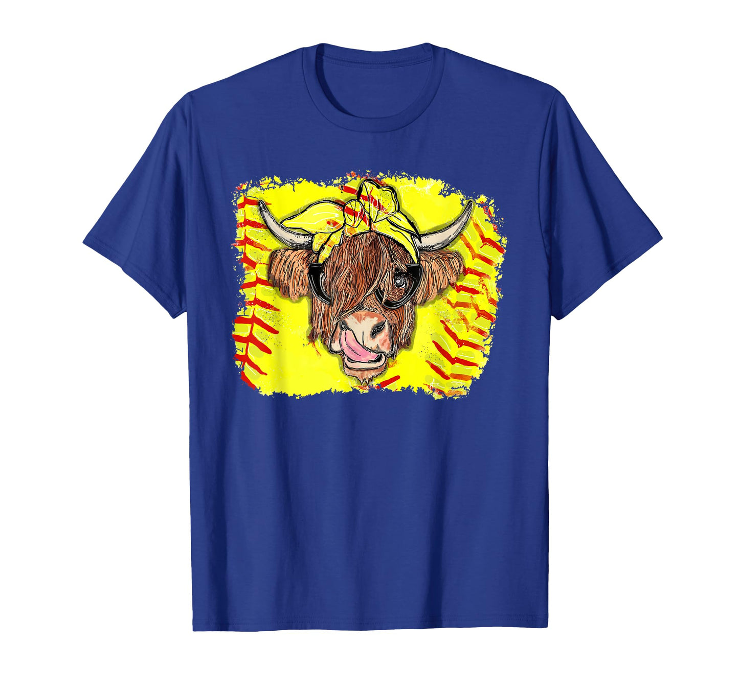 Softball Highland Cow With Bandana Glasses Happy Mother's T-Shirt