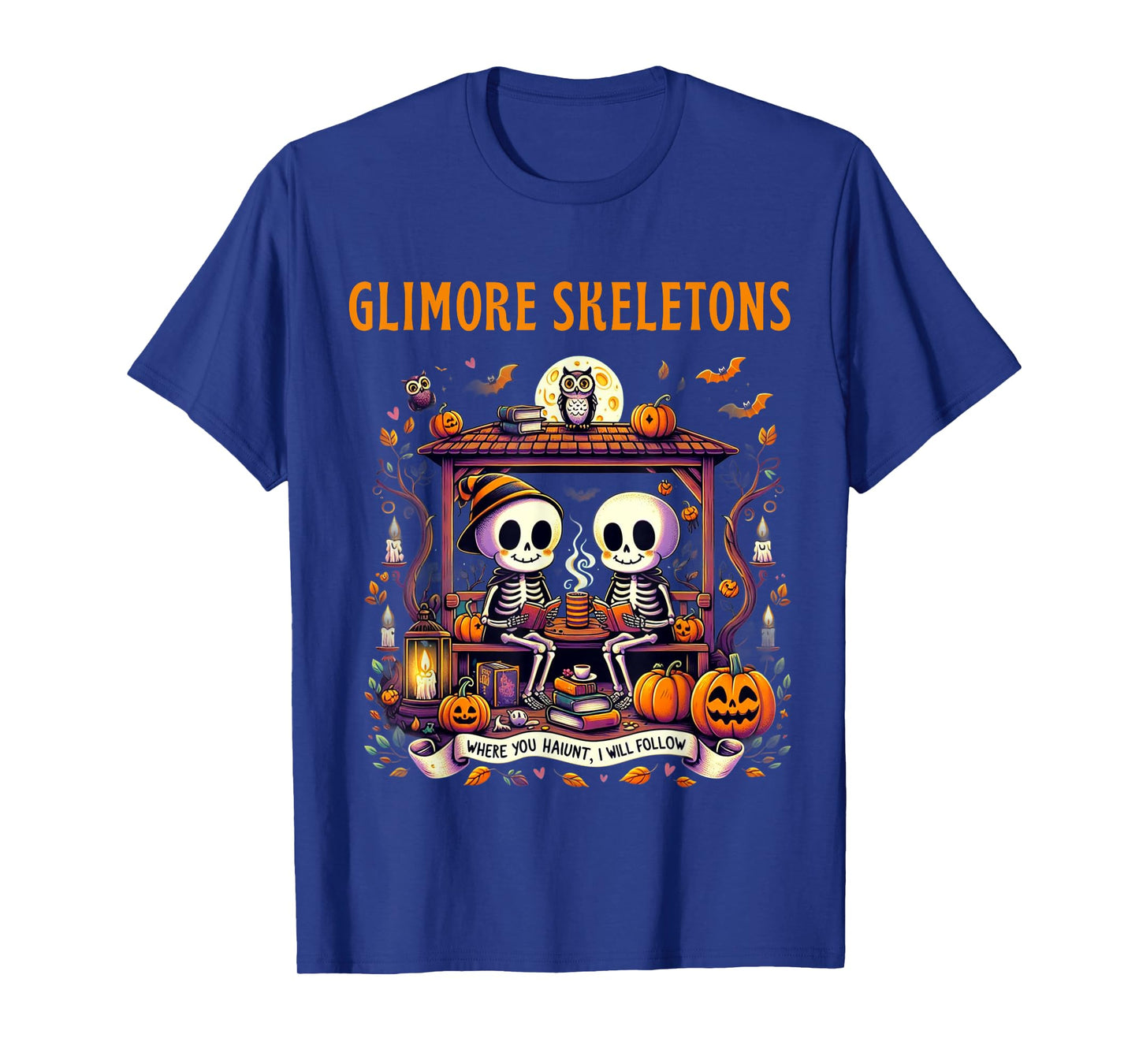 Cozy Halloween Glimore Skeleton Couple Reading Fall Pumpkins T-Shirt