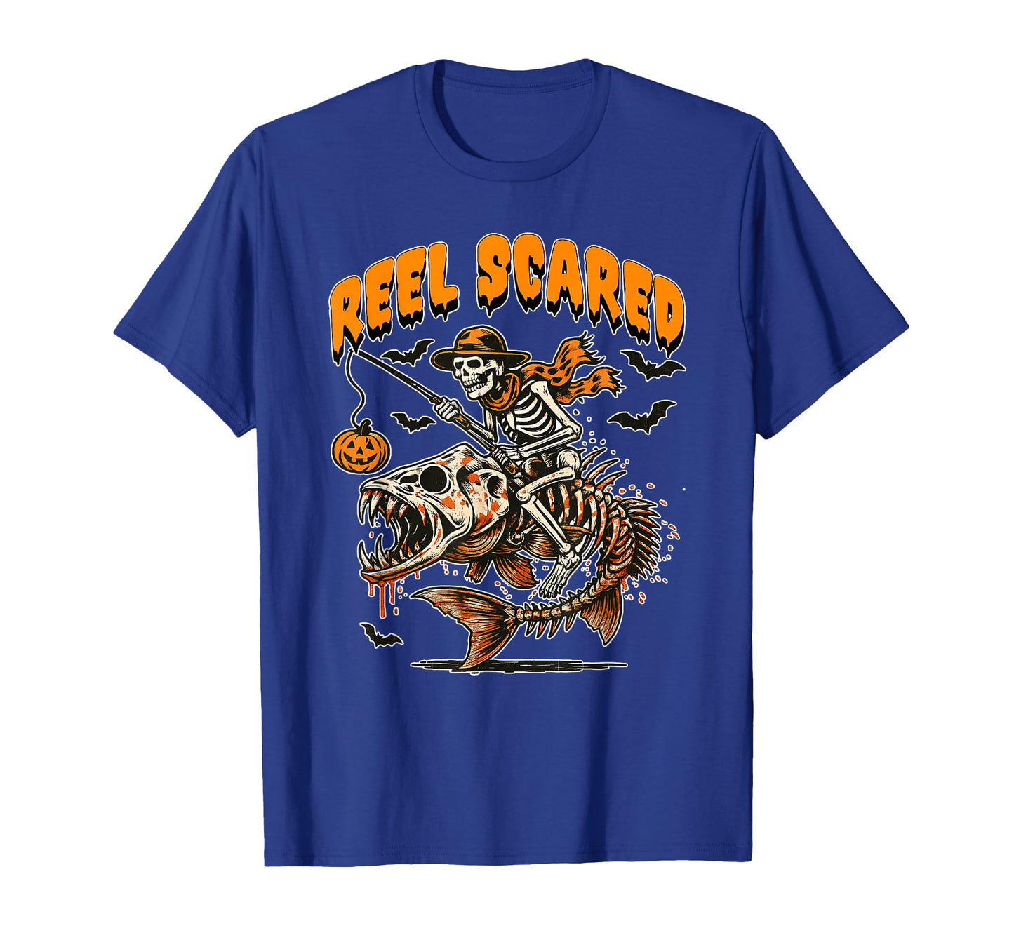 Mens Reel Scared Funny Halloween Skeleton Fisherman Fishing T-Shirt