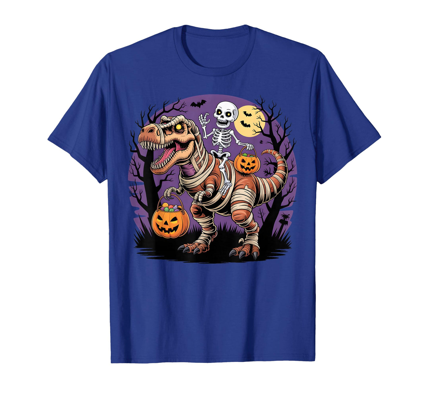 Skeleton Riding Mummy Dinosaur T-rex Halloween Funny Pumpkin T-Shirt