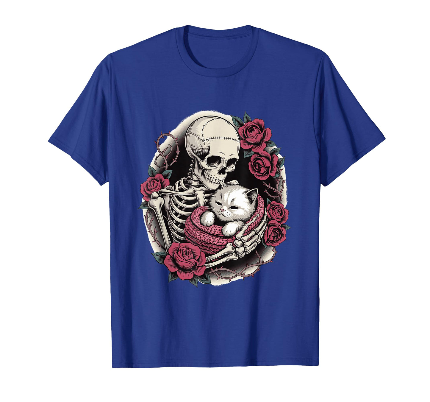 Skeleton Hugging Cat Gothic Floral Creepy Cute Halloween T-Shirt