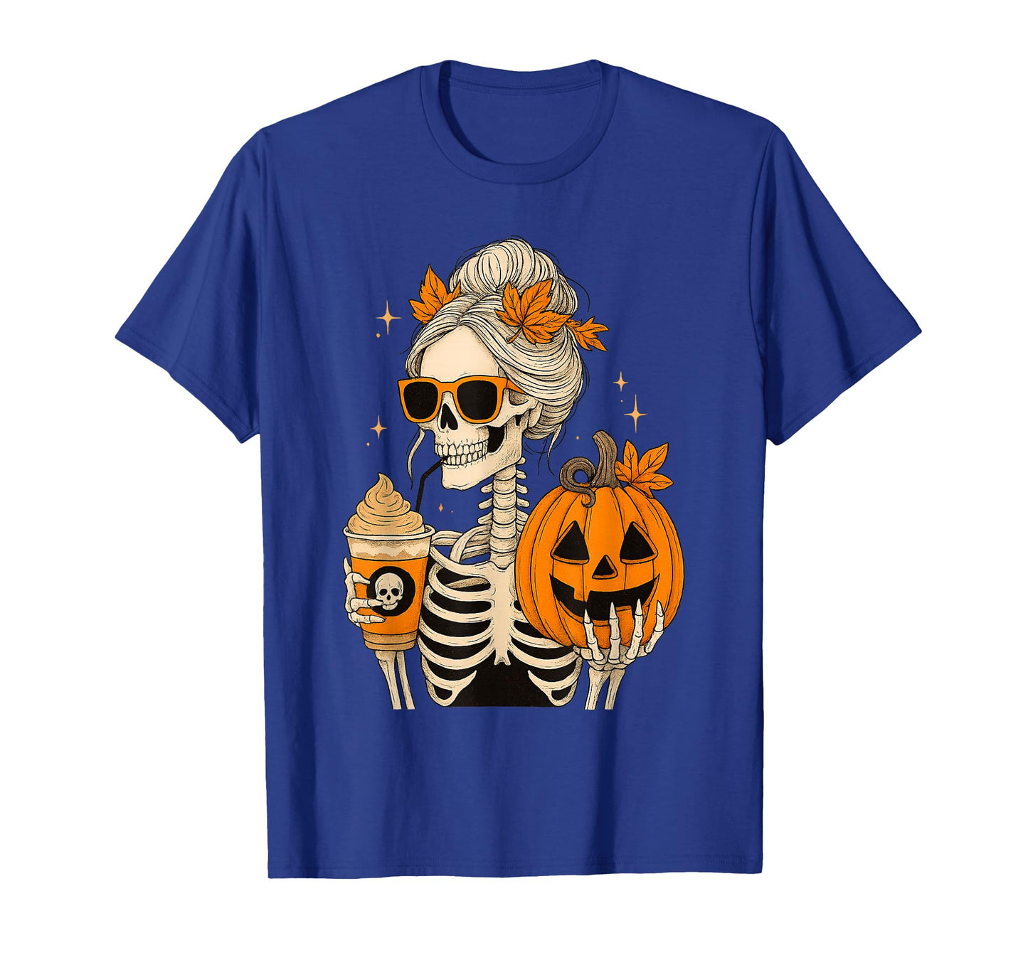Funny Skeleton Drinking Coffee Pumpkin Halloween Kids Womens T-Shirt