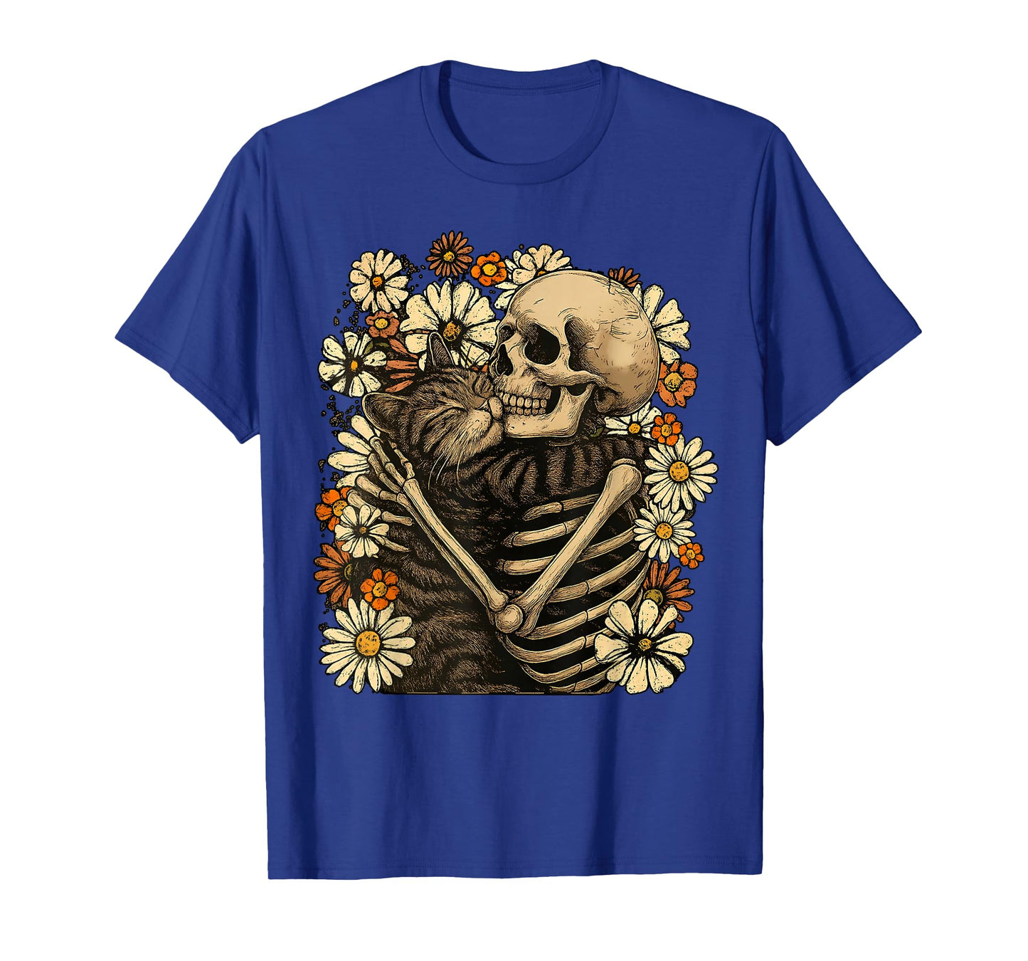 Skeleton Hugging Cat Floral Halloween Cats Lover T-Shirt