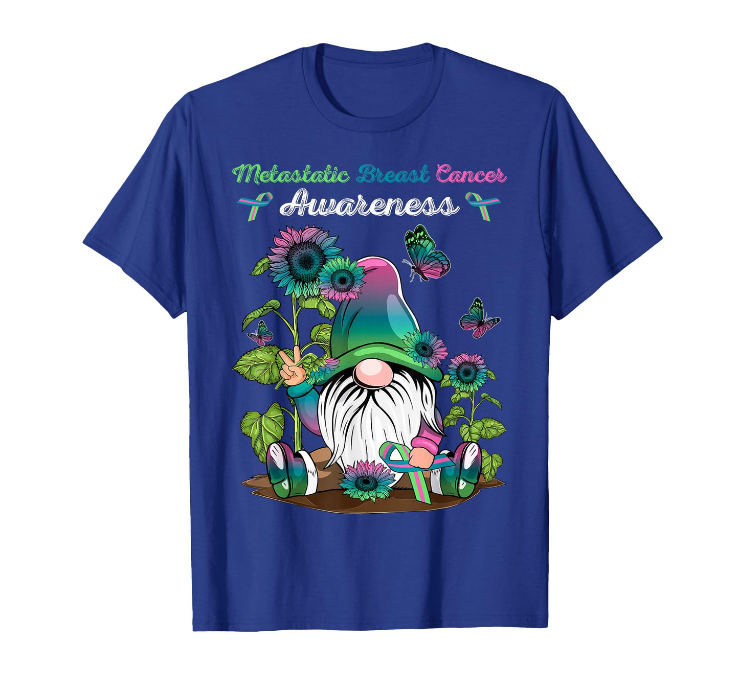 Metastatic Breast Cancer Gnome With Green Teal Pink Ribbon T-Shirt