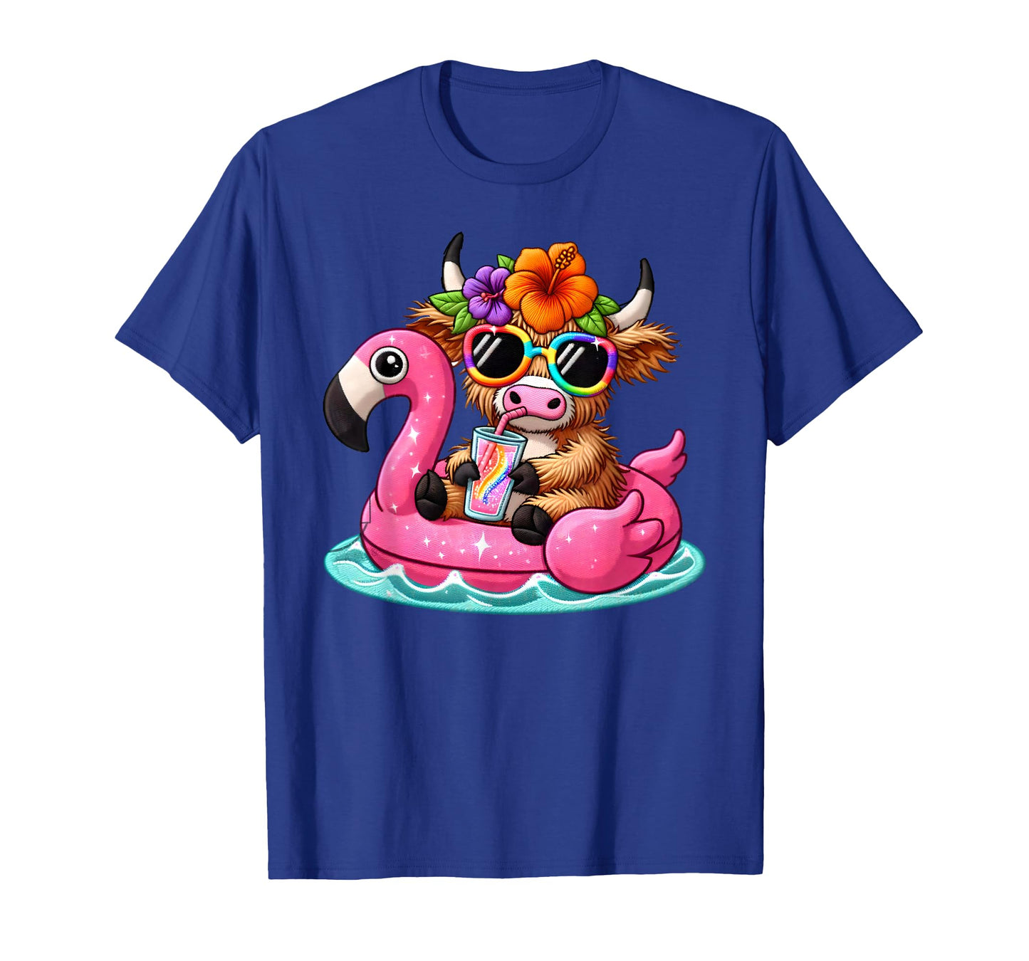 Highland Cow Flamingo Pool Float Summer Hawaii Beach Family T-Shirt