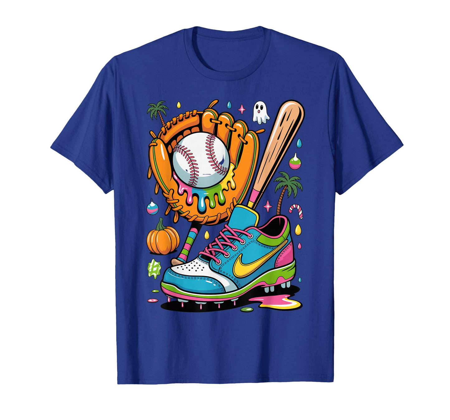 Colorful Dripping Baseball Glove Bat Cleat Funny Halloween T-Shirt