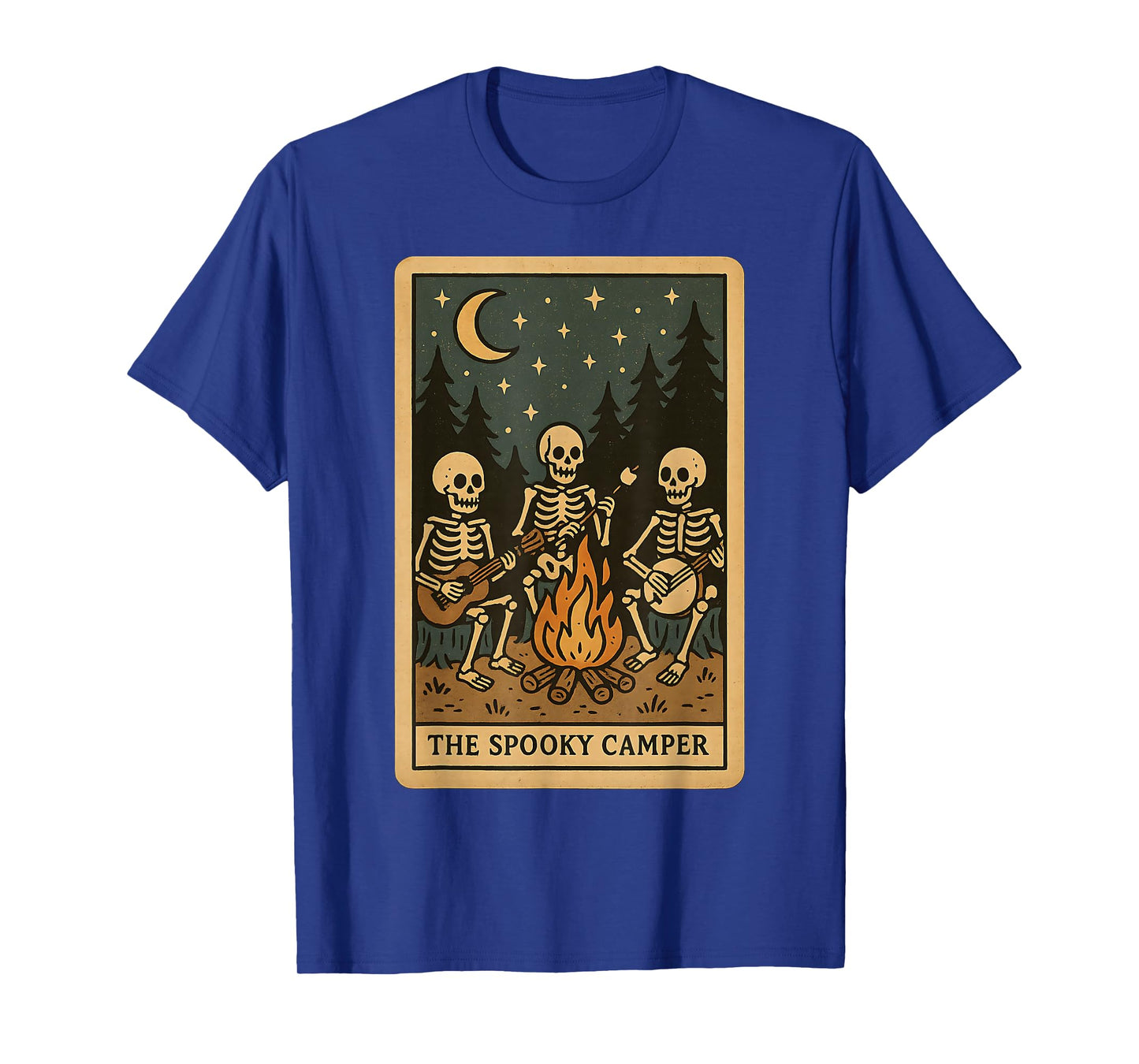 Spooky Skeleton Camper Halloween Night Campfire Retro Tarot T-Shirt