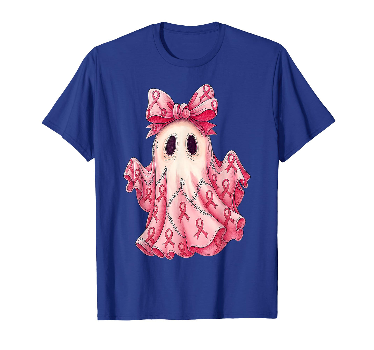 Cute Pink Ribbon Patchwork Ghost Breast Cancer Halloween T-Shirt