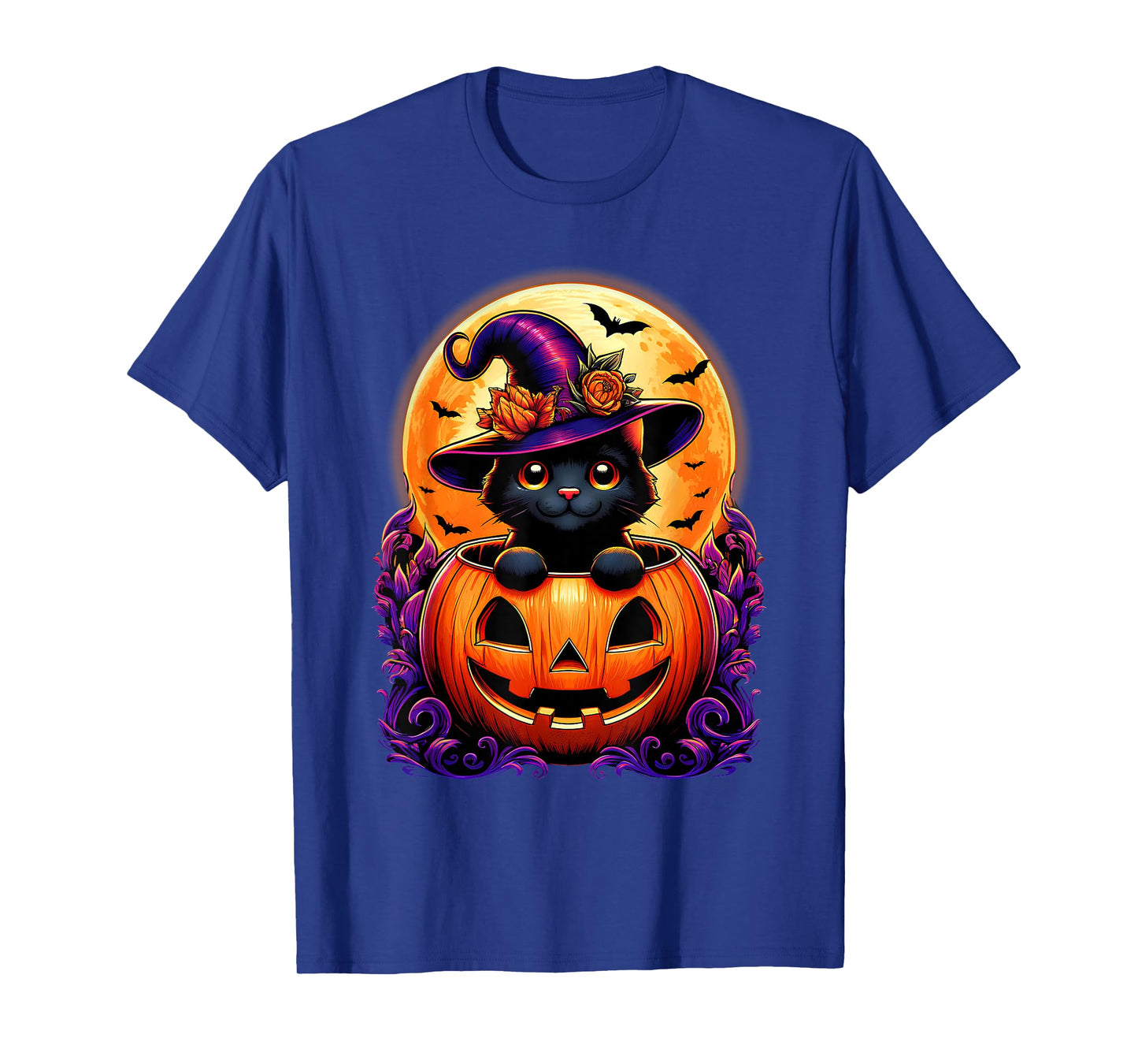 Black Cat Witch Hat Pumpkin Funny Halloween Men Women Kids T-Shirt