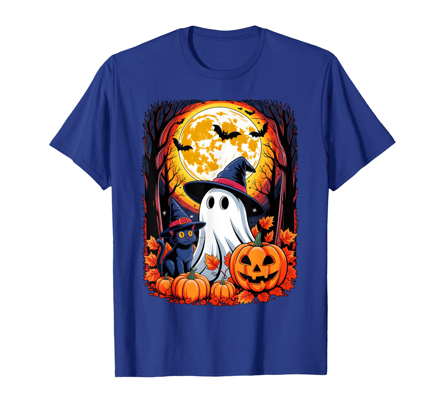 Cute Ghost Black Cat Halloween Witch Pumpkin Dark Forest T-Shirt