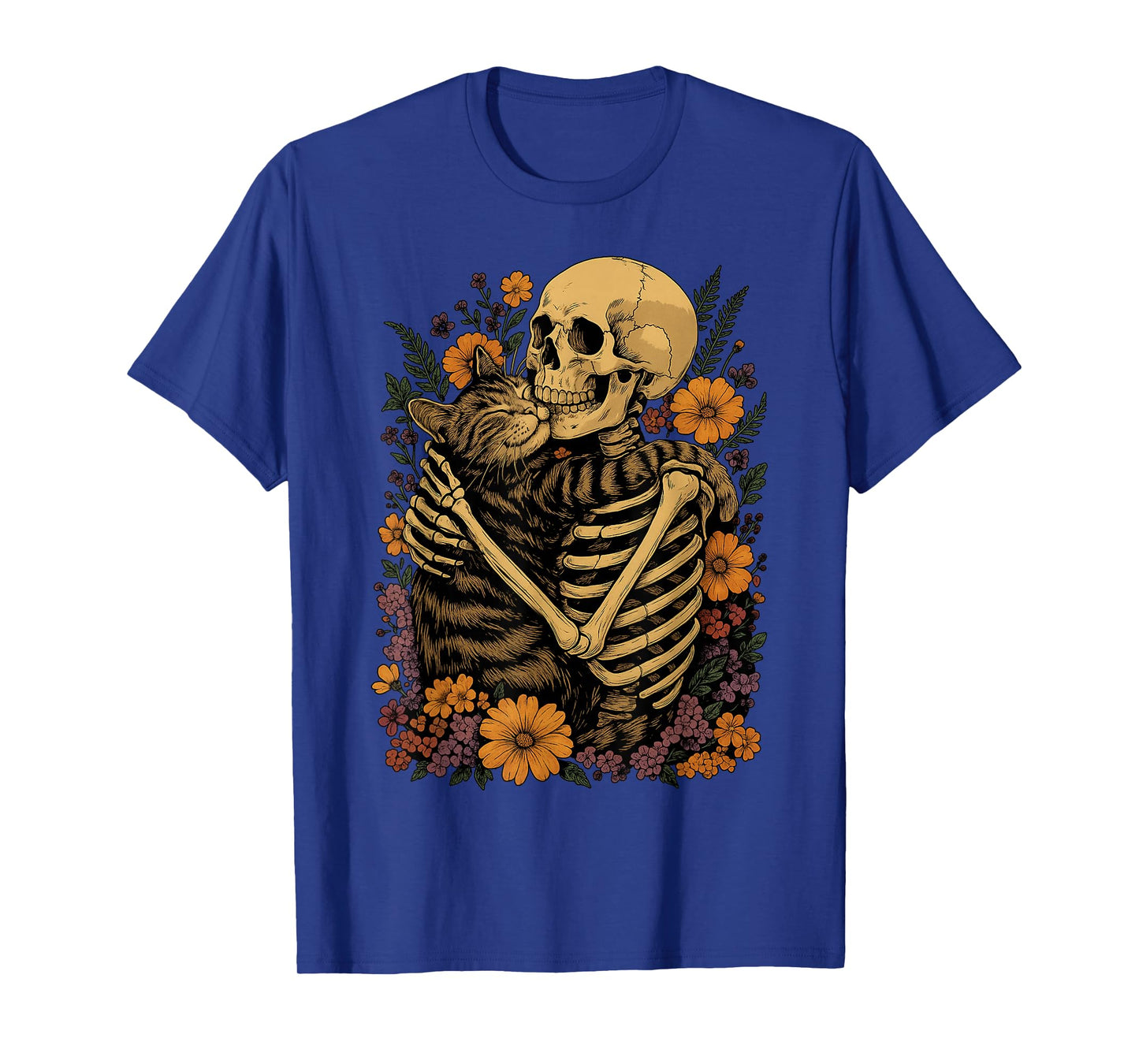 Skeleton Hugging Cat Floral Halloween Cats Lover T-Shirt T-Shirt
