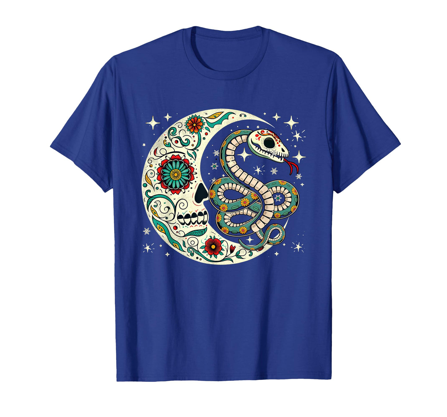 Dia De Los Muertos Halloween Moon Floral Skeleton Snake T-Shirt