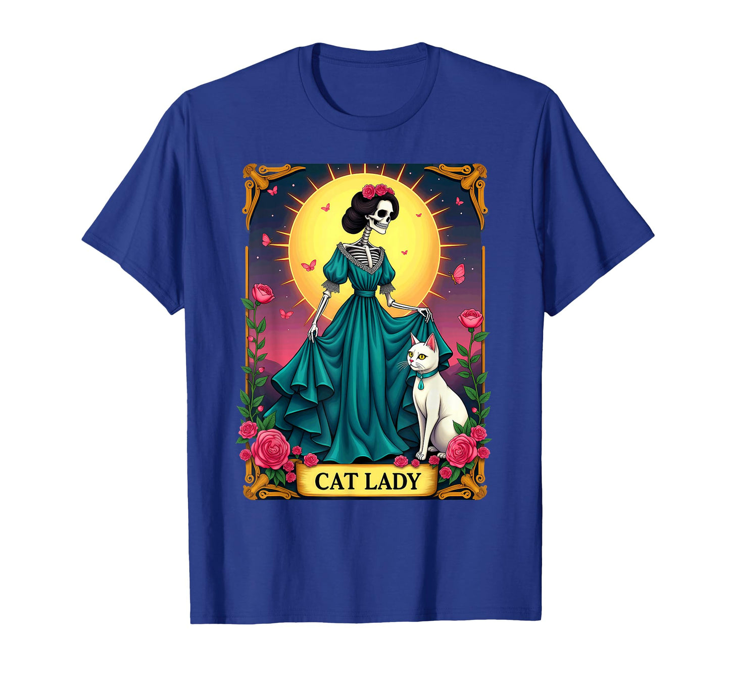 Retro Cat Lady Tarot Card Skeleton Halloween T-Shirt