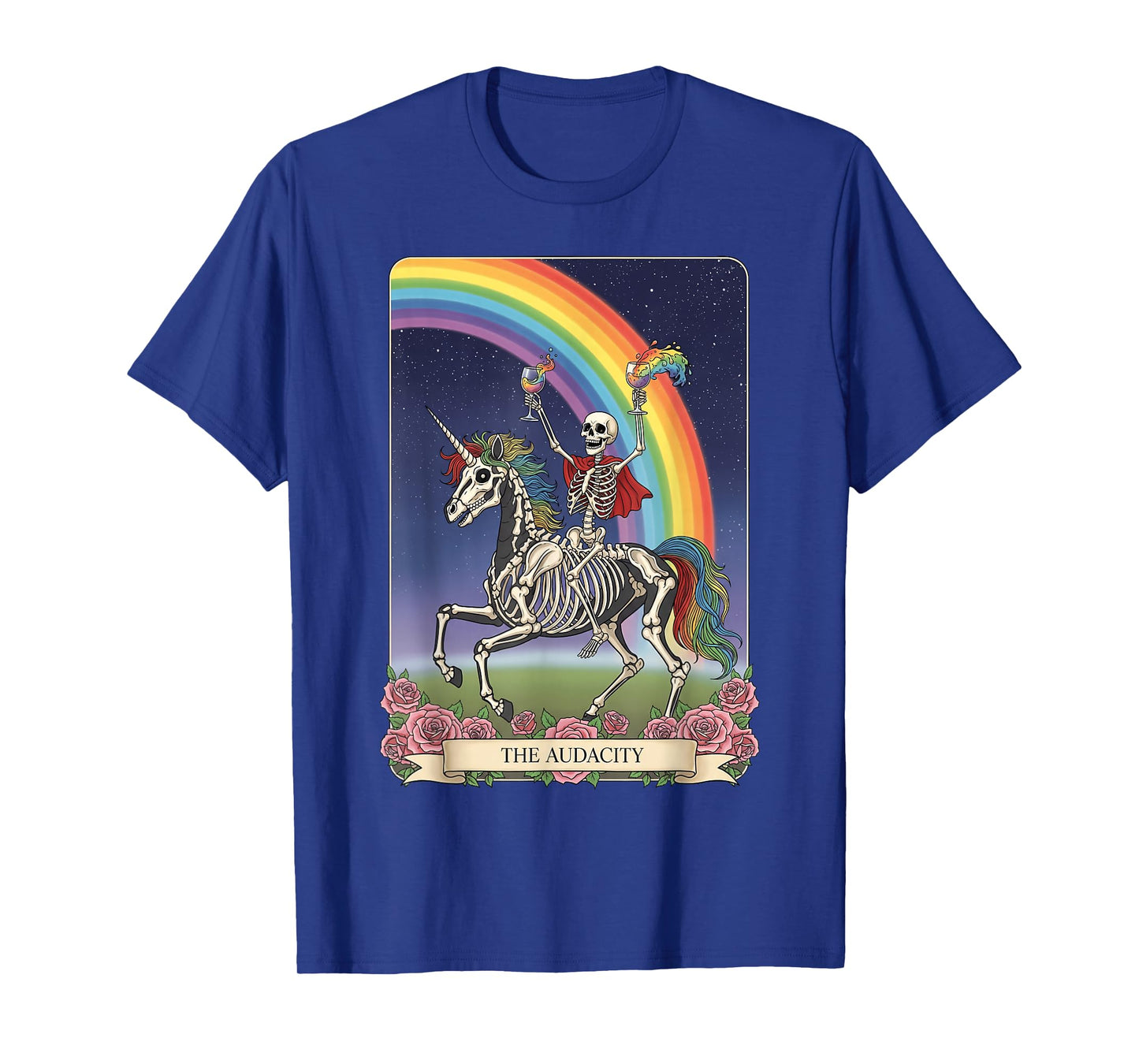 The Audacity Tarot Card Halloween Skeleton Riding Unicorn T-Shirt