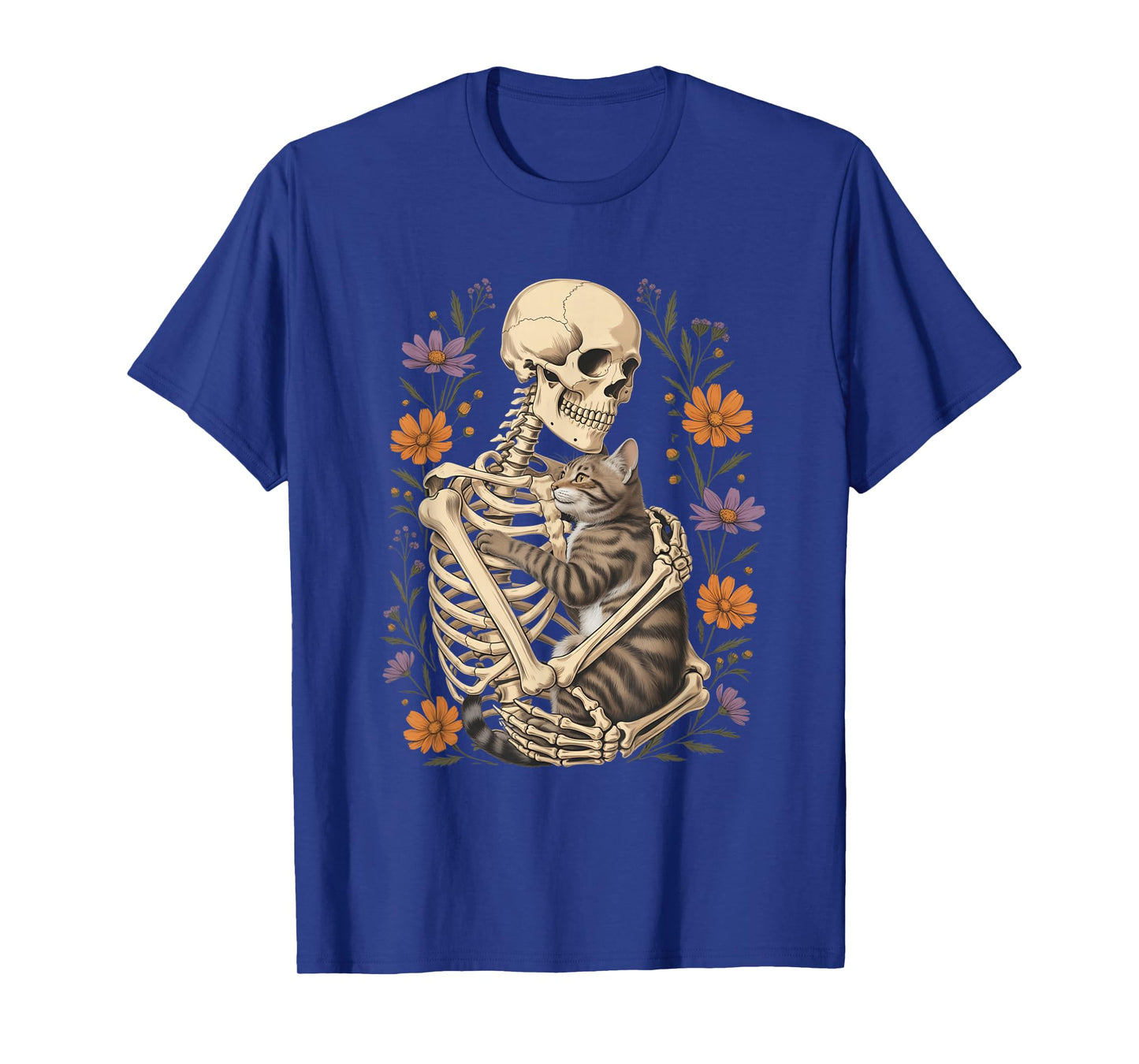 Funny Skeleton Hugging Cat Floral Halloween Cats Lover T-Shirt