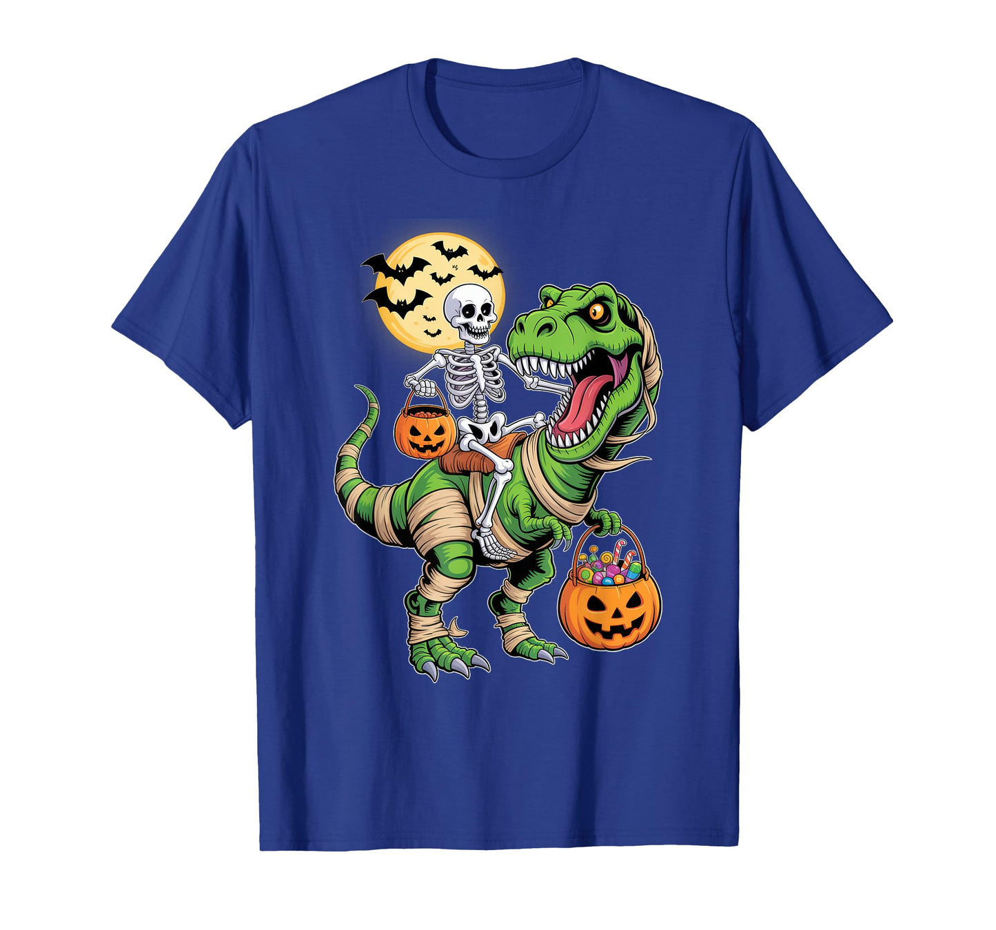 Skeleton Riding Mummy Dinosaur Pumpkin Spooky Trex Halloween T-Shirt