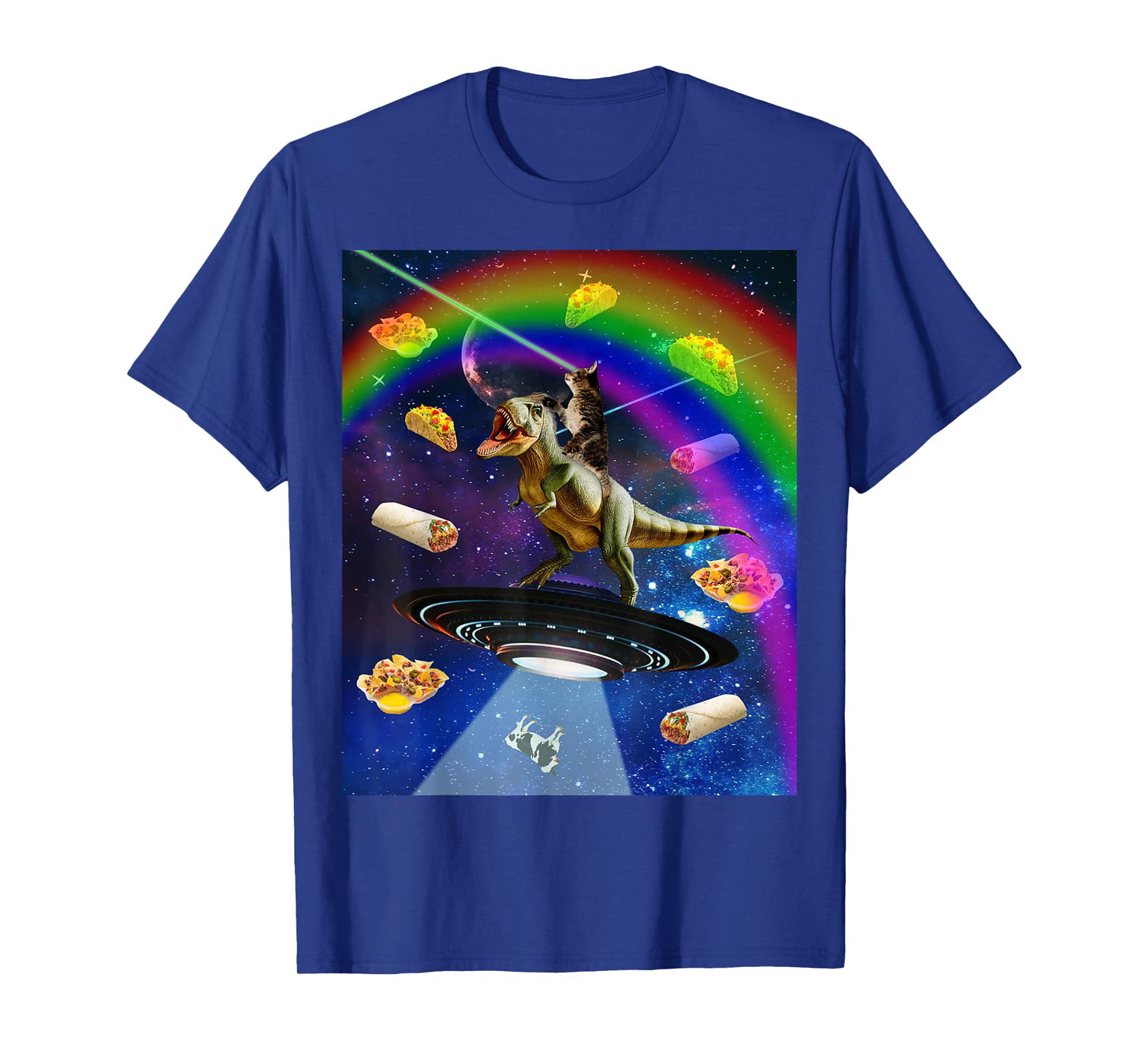 Laser Eyes Outer Space Cat Riding On T-Rex Dinosaur T-Shirt for Men Women