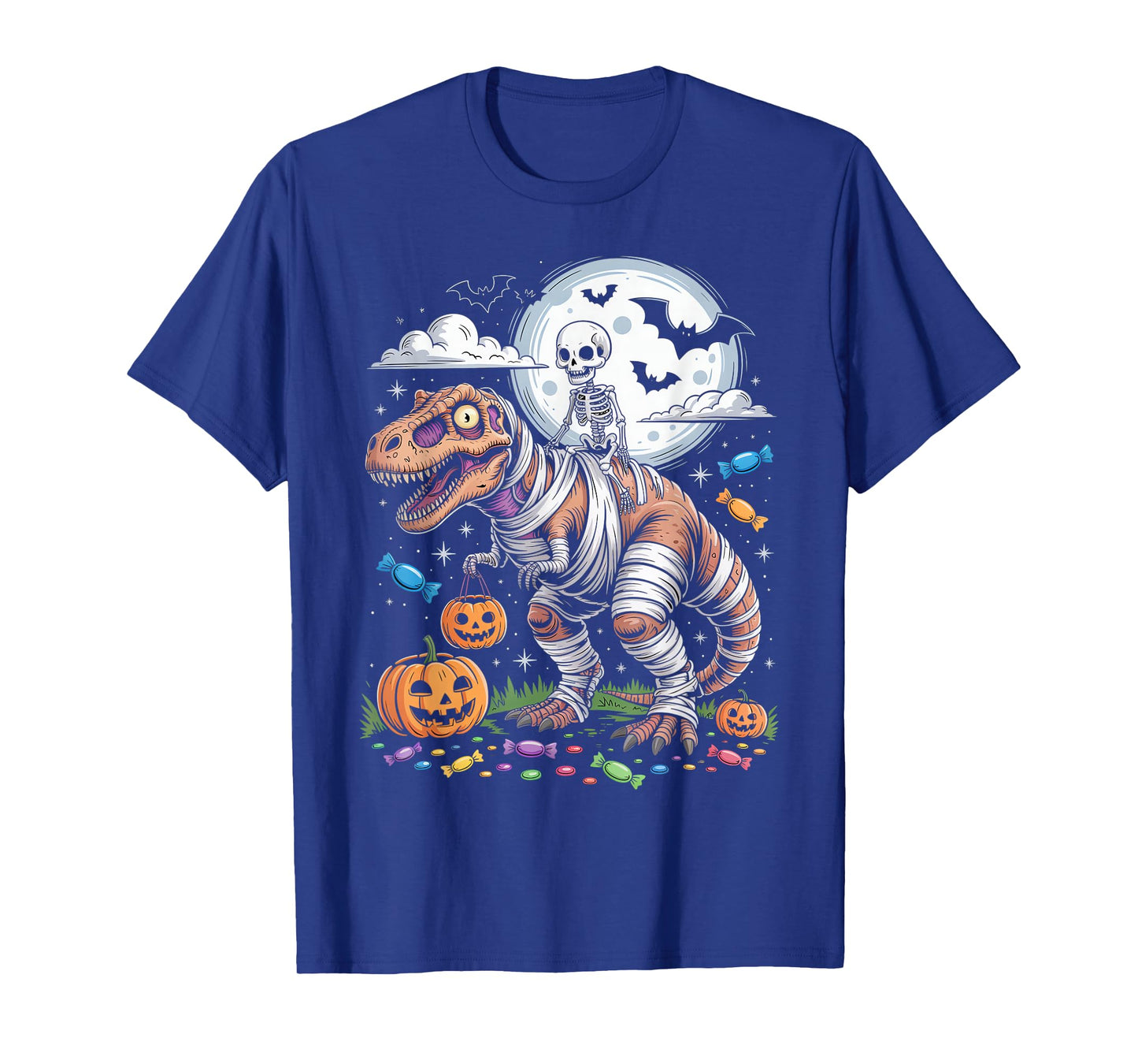 Skeleton Riding Tyrannosaurus Skeleton Halloween Spooky T-Shirt