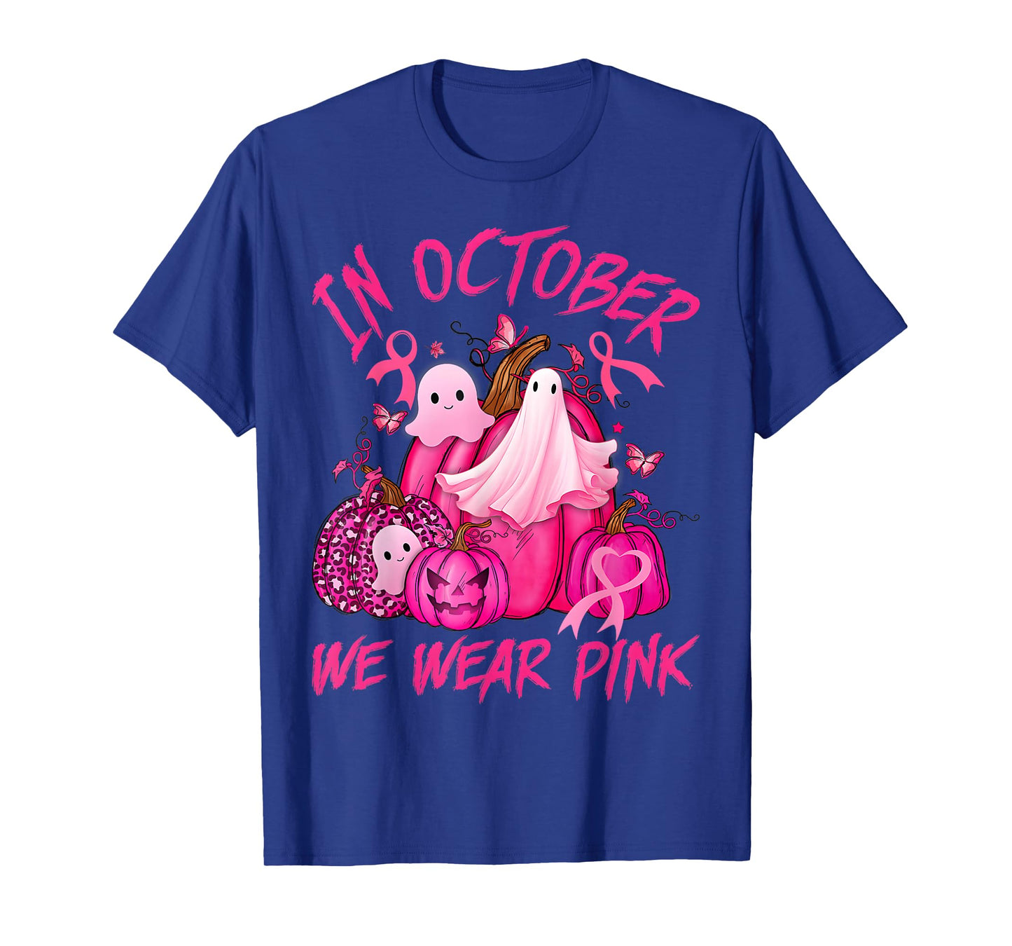 in October We Wear Pink Ghost Witch Breast Cancer Awareness T-Shirt